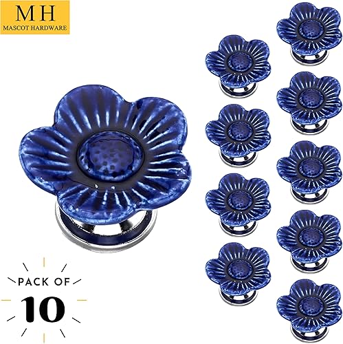 Miniatura 8 de Mascot Hardware Paquete de 10 pomos de cerámica para gabinete, color azul Poppy de 2 pulgadas, pomos de cerámica azul, pomos de cajón para gabinete