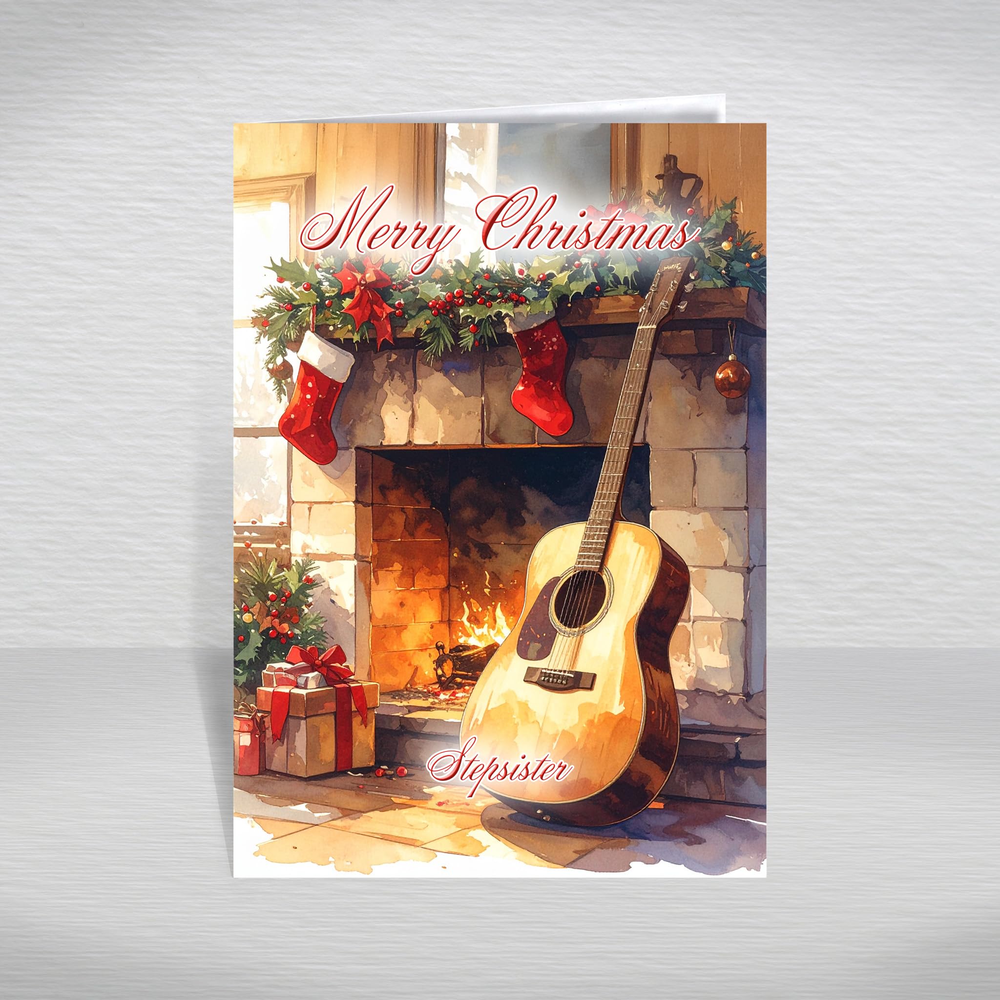 Christmas Card for Stepsister – Acoustic Guitar by Fireplace Cosy Winter Scene for Musicians, A5 Deluxe Greeting Card with a Special Verse Inside: Stepsister Christmas Card
