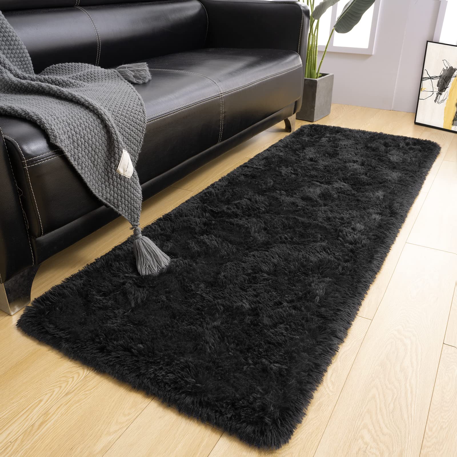LOCHAS Ultra Soft Indoor Modern Area Rugs Fluffy Living Room Carpets for Children Bedroom Home Decor Nursery Rug 2x6 Feet, Black