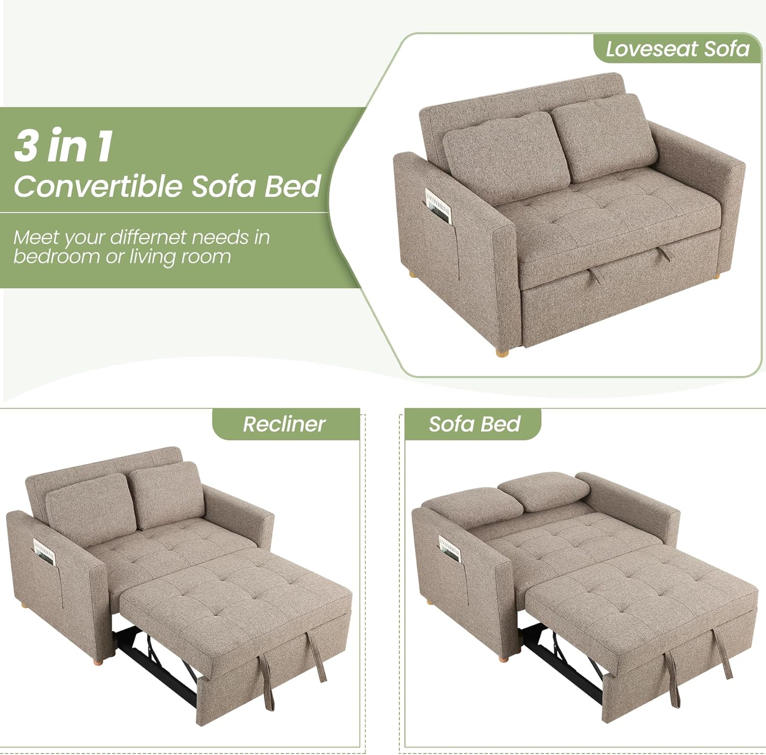 SEJOV 3-in-1 Convertible Sofa Bed, Linen Fabric Sleeper Couch Pull Out Bed, 49" 2-Seater Loveseat Futon Sofa with Spring Support, Adjustable Backrest and Pillows for Small Spaces, Living Room