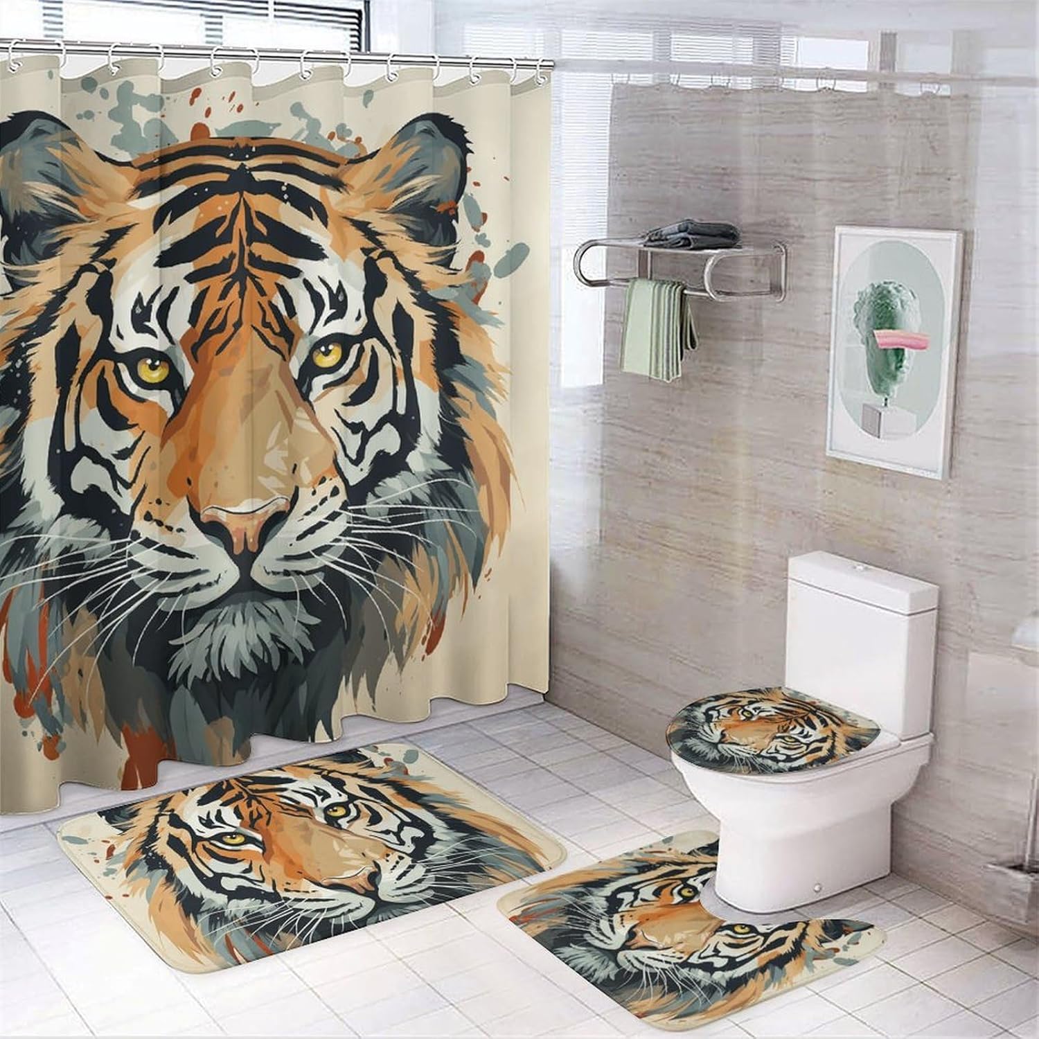 Year of The Tiger Tiger Face Shower Curtain Set 4 Piece, Non-Slip Bath Mat with Toilet Lid Cover and Waterproof Shower Curtain with 12 Hooks, Complete Bathroom Set for Home Decor