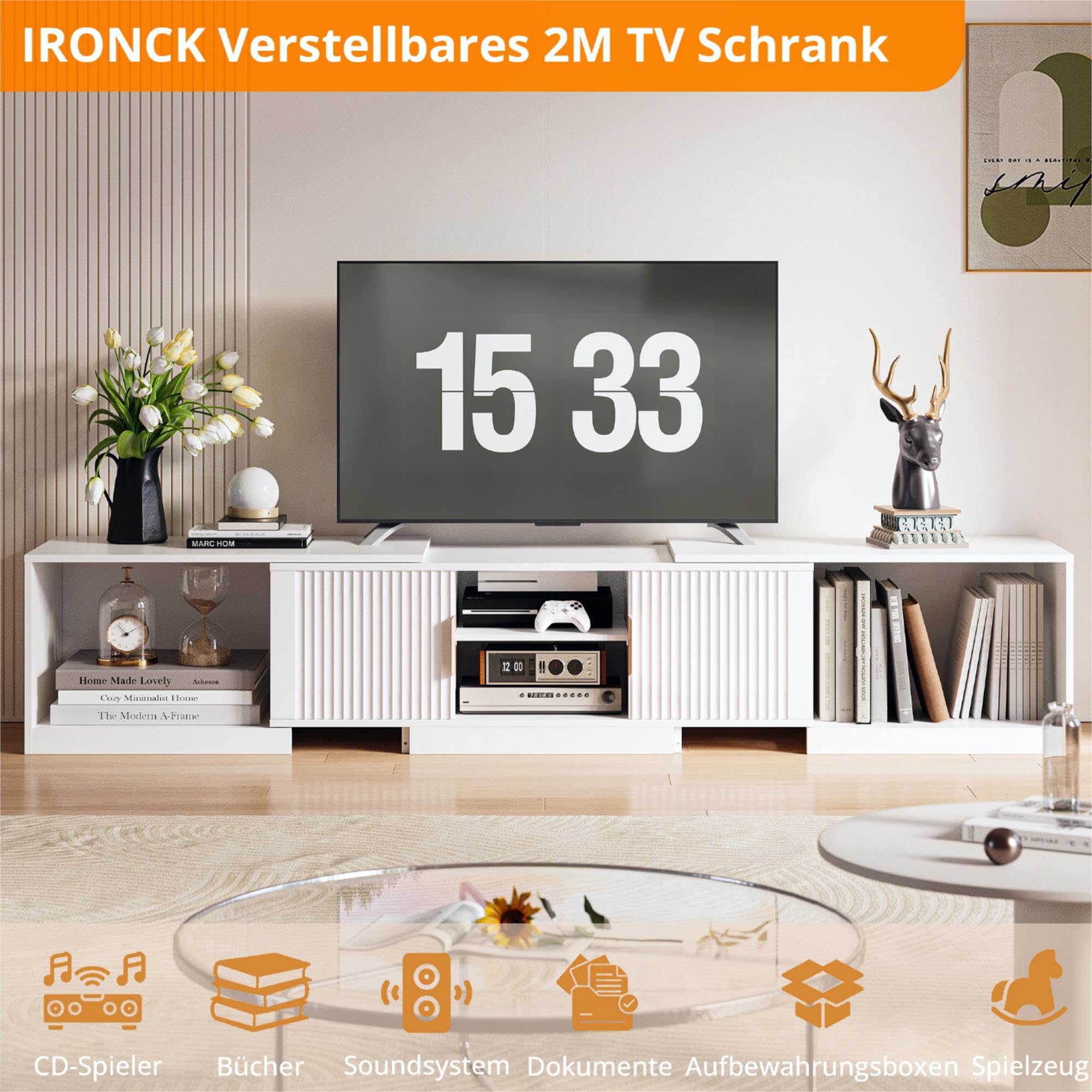 IRONCK TV Schrank Ausziehbar 160–200cm, Lowboard für Fernseher 30-75 Zoll, Drehbar Eck Fernsehschrank Holz, 2 Türen und verstellbaren Stauraum, Modern TV Board Fernsehtisch für Wohnzimmer, Weiß