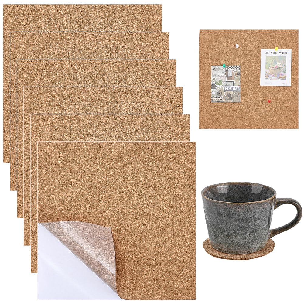 CRASPIRE 6Pcs Self Adhesive Cork Sheets 12 X 12 Inch Tan Cork Backing Tiles Square Natural Corkboard 3mm Thick in Board Mat Wall Decoration DIY Crafts Coasters Office School Home Classroom Party