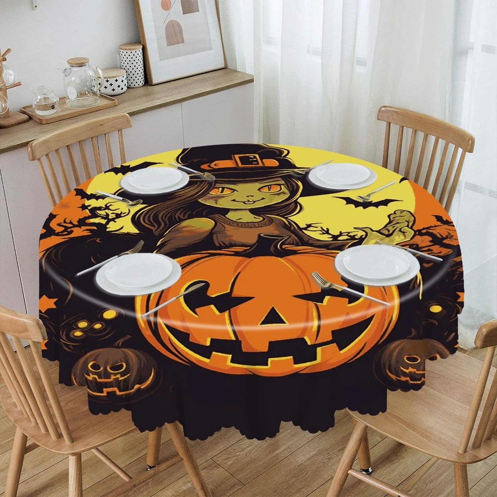 Btcowzrv Style Halloween Pumpkin Witch Polyester Round Tablecloth 59.84 Inch, Decorative Washable Table Cover, Table Cloth For Restaurant Picnic Indoor And Outdoor Dining