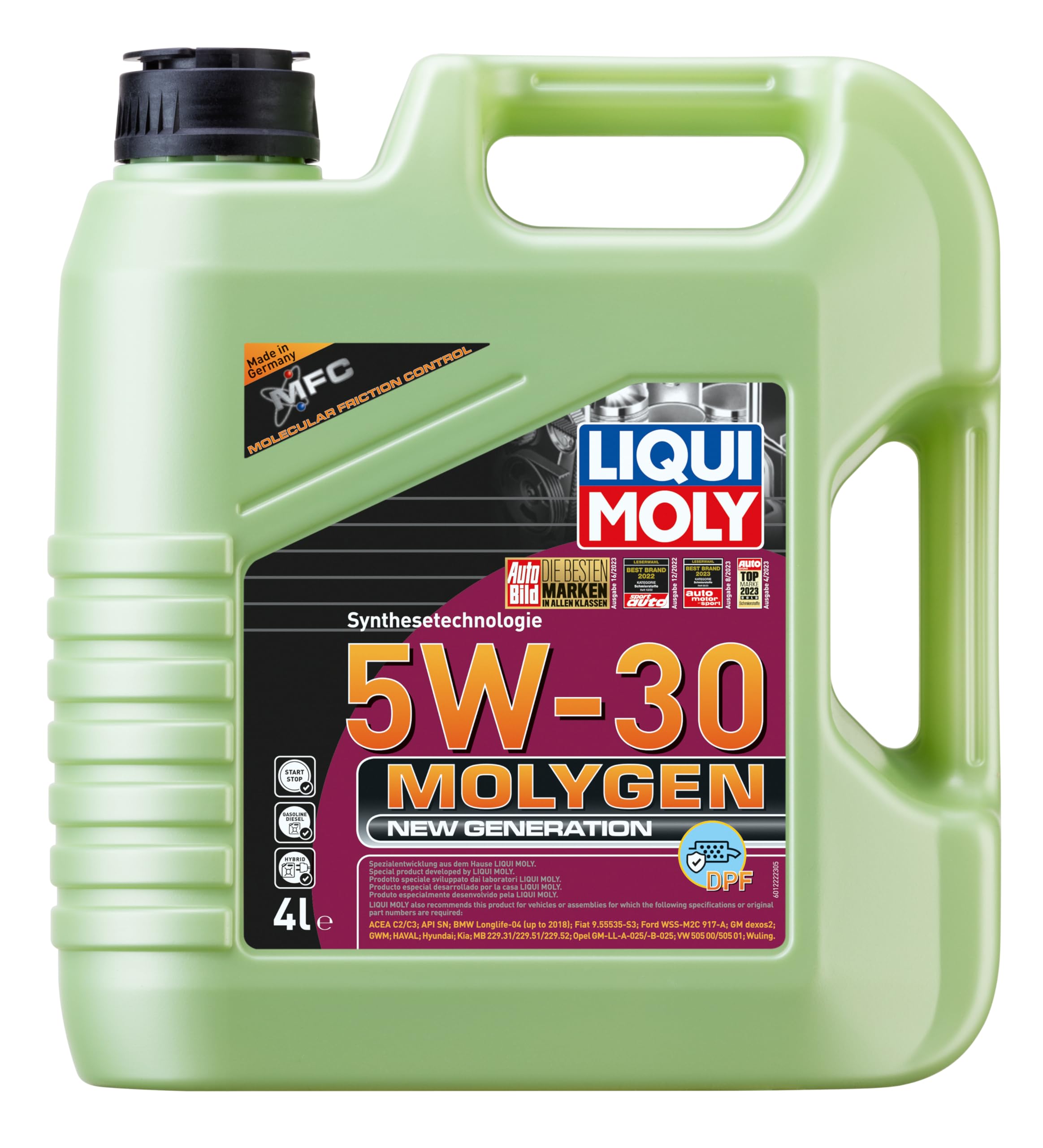 LIQUI MOLY Aceite de motor 5W-30 Molygen Aceite sintetico aceite ACEA C2 ACEA C3 API SN New Generation DPF 4L Compatible con OPEL Corsa D Hatchback S07 Insignia A Sports Tourer G09, BMW 5 Touring F11