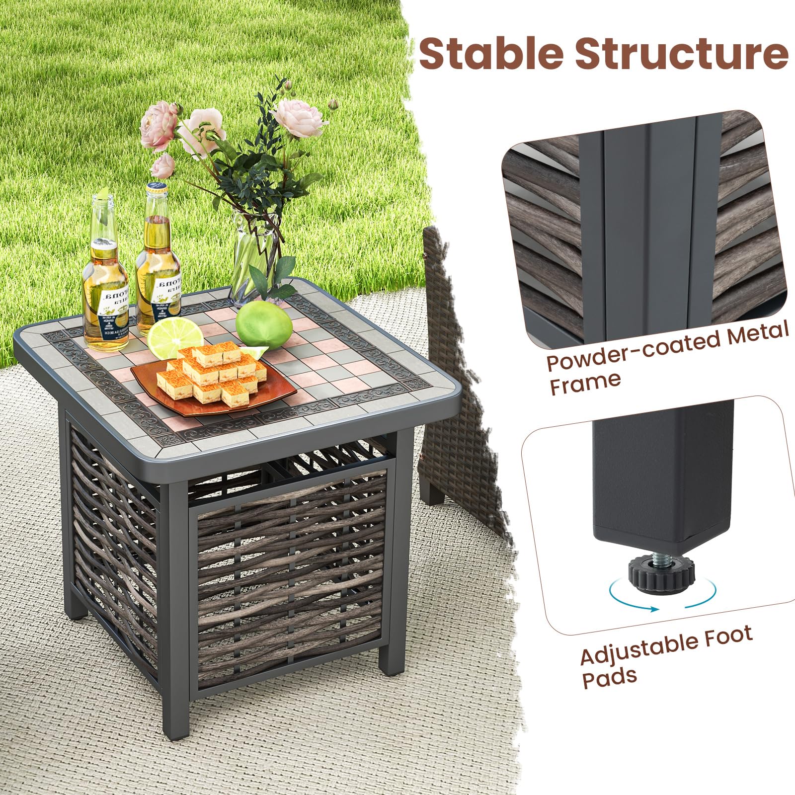 KOMFOTTEU Mesa Auxiliar con Agujero para Sombrilla, Mesa Baja de Ratán PE, Mesita de Café Cuadrada con Estructura de Metal, Mesa para Jardín, Patio, Terraza, 55 x 55 x 50 cm