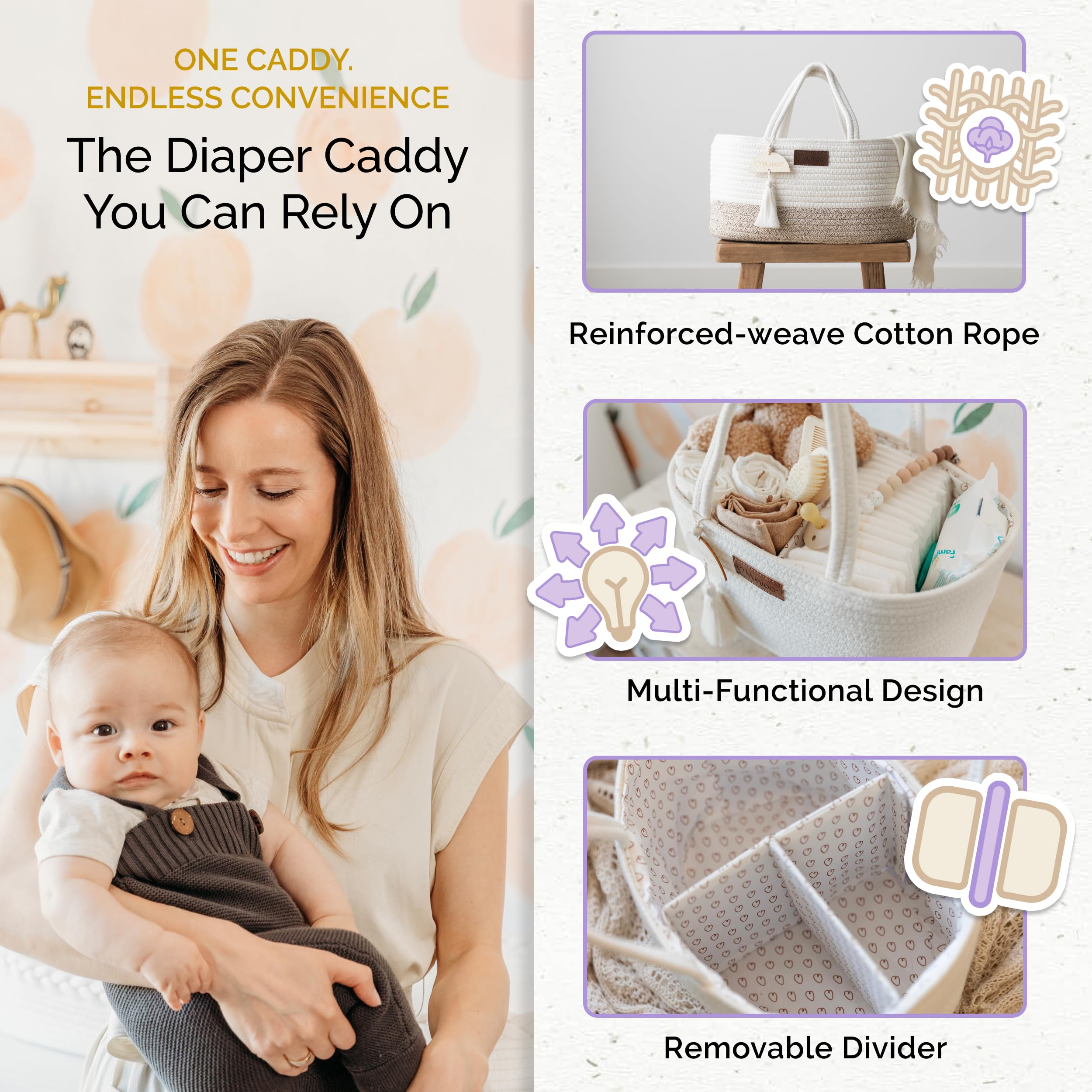 Panier à Langer Bébé + Organisateur Couches Yunioo - Matelas à Langer Bébé avec Housse Imperméable & Rangement Table à Langer, Coton Tressé, Lavable, Cadeau Naissance