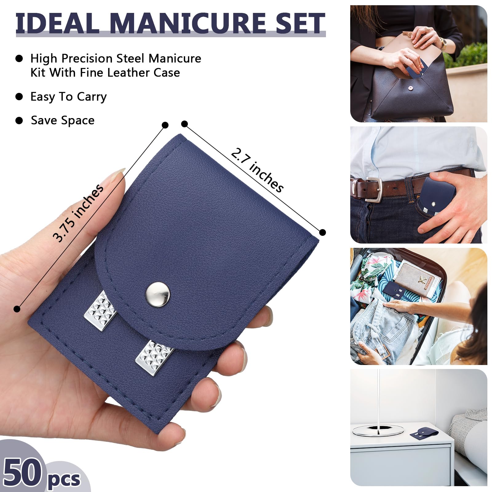 Geosar Juego de 50 piezas de manicura de viaje, cortaúñas, pedicura, herramientas profesionales para el cuidado de las uñas, de acero inoxidable, con estuche de viaje portátil, regalos para