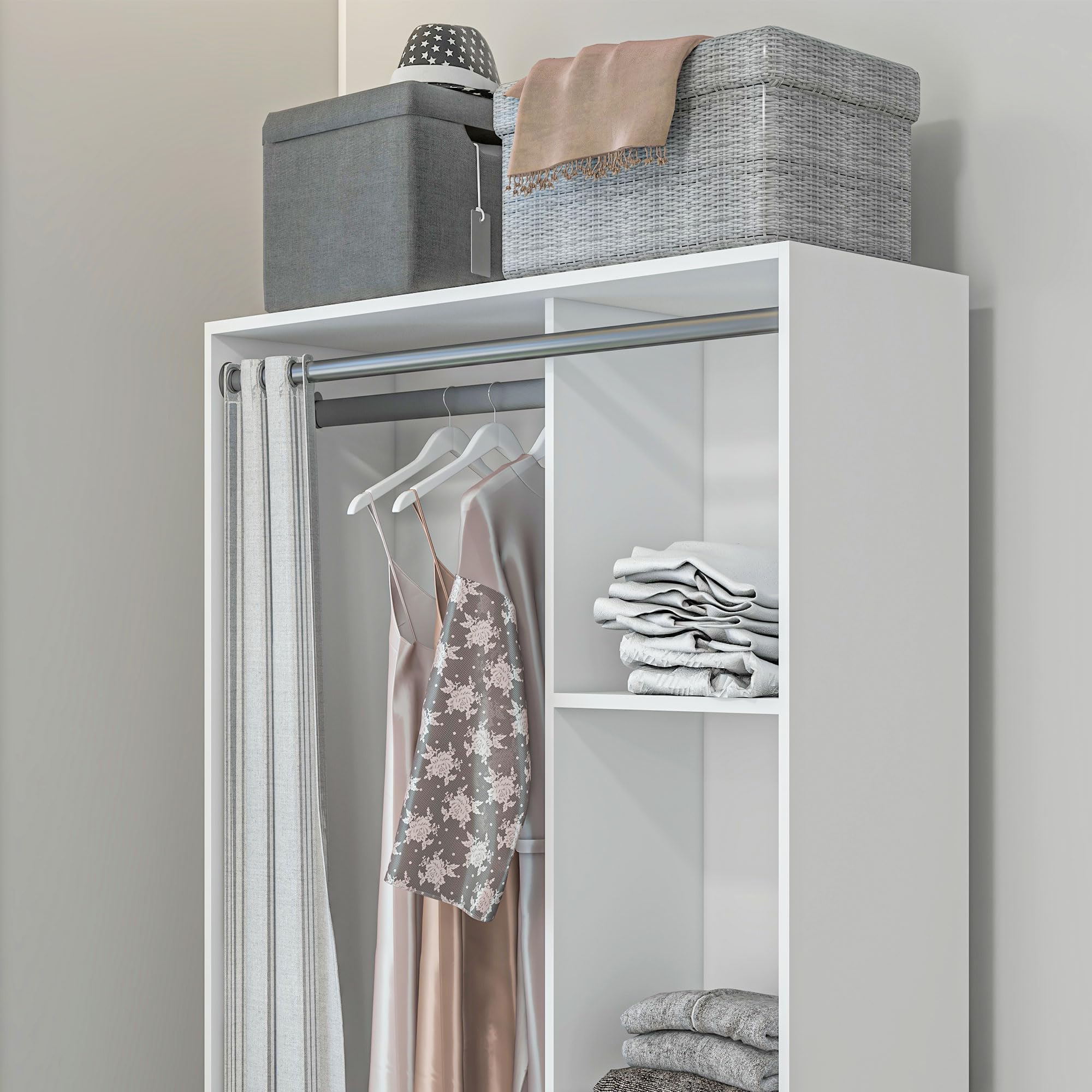 HOMCOM Armoire penderie, Dressing avec Rideau, Armoire Chambre vêtement, Garde-Robe avec Tringle, 3 Compartiments et 3 tiroirs en Tissu Amovibles - 105 x 48 x 160 cm, Blanc