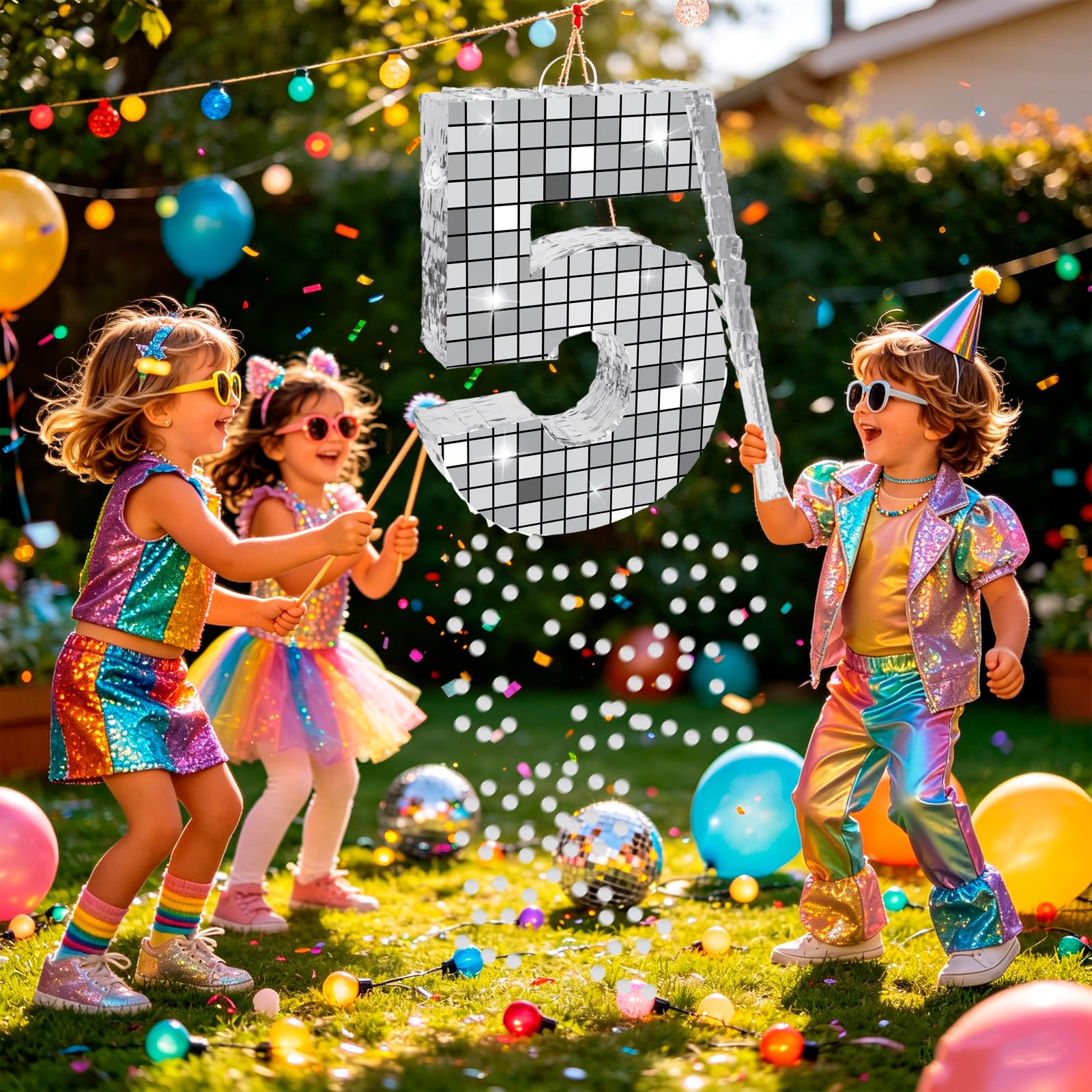 Decoración de fiesta de cumpleaños de discoteca, piñata número 5 de 16 pulgadas con palo de piñata, confeti vendado para música, baile, decoración de fiesta de cumpleaños (5ª)