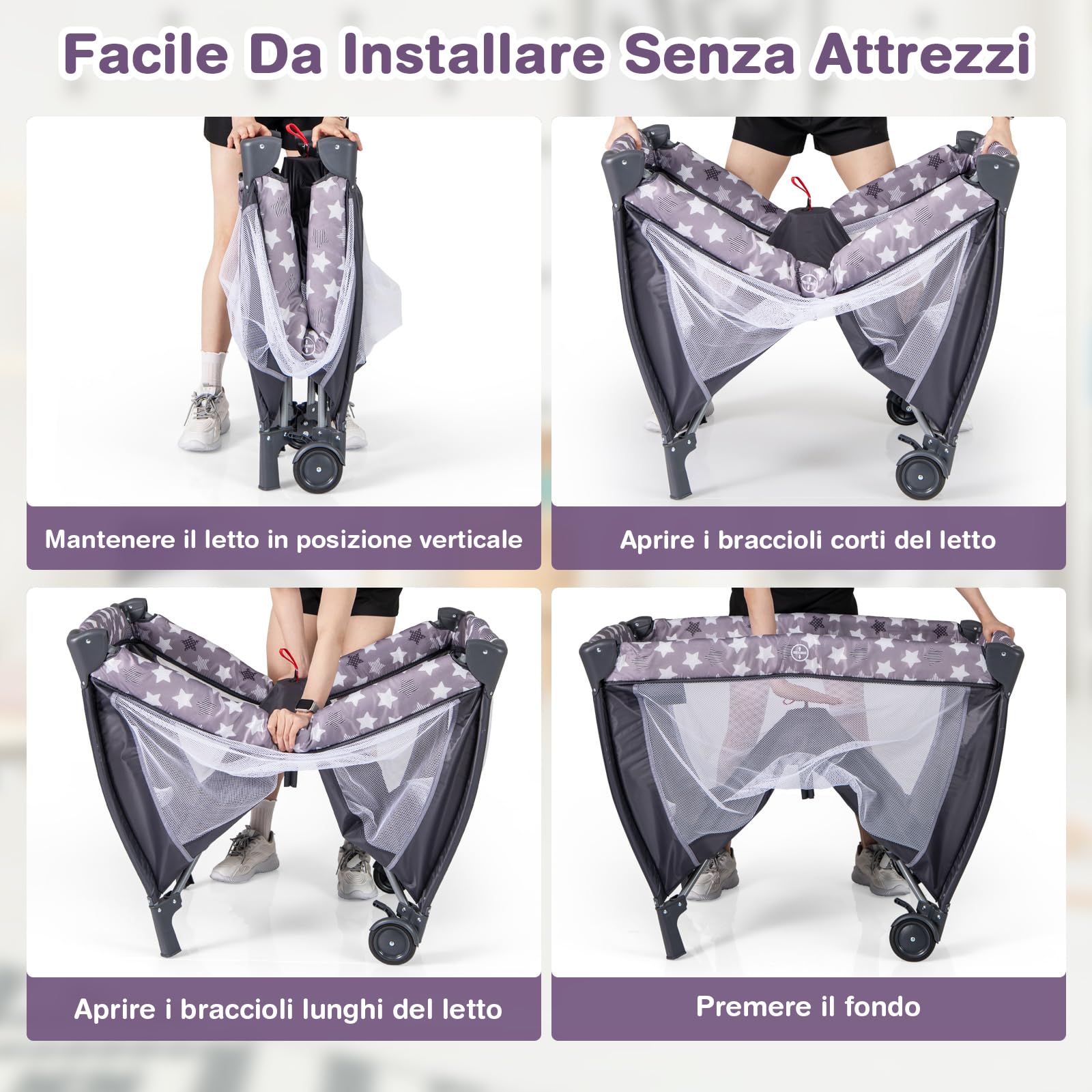 RELAX4LIFE 4 in 1 Lettino da Campeggio con Materasso per Bambini, Culla da Viaggio per Neonati con Fasciatoio, Carillon e Ruote Bloccabili, Adatto a Bambini da 0 a 36 Mesi (Stelle Grigie)