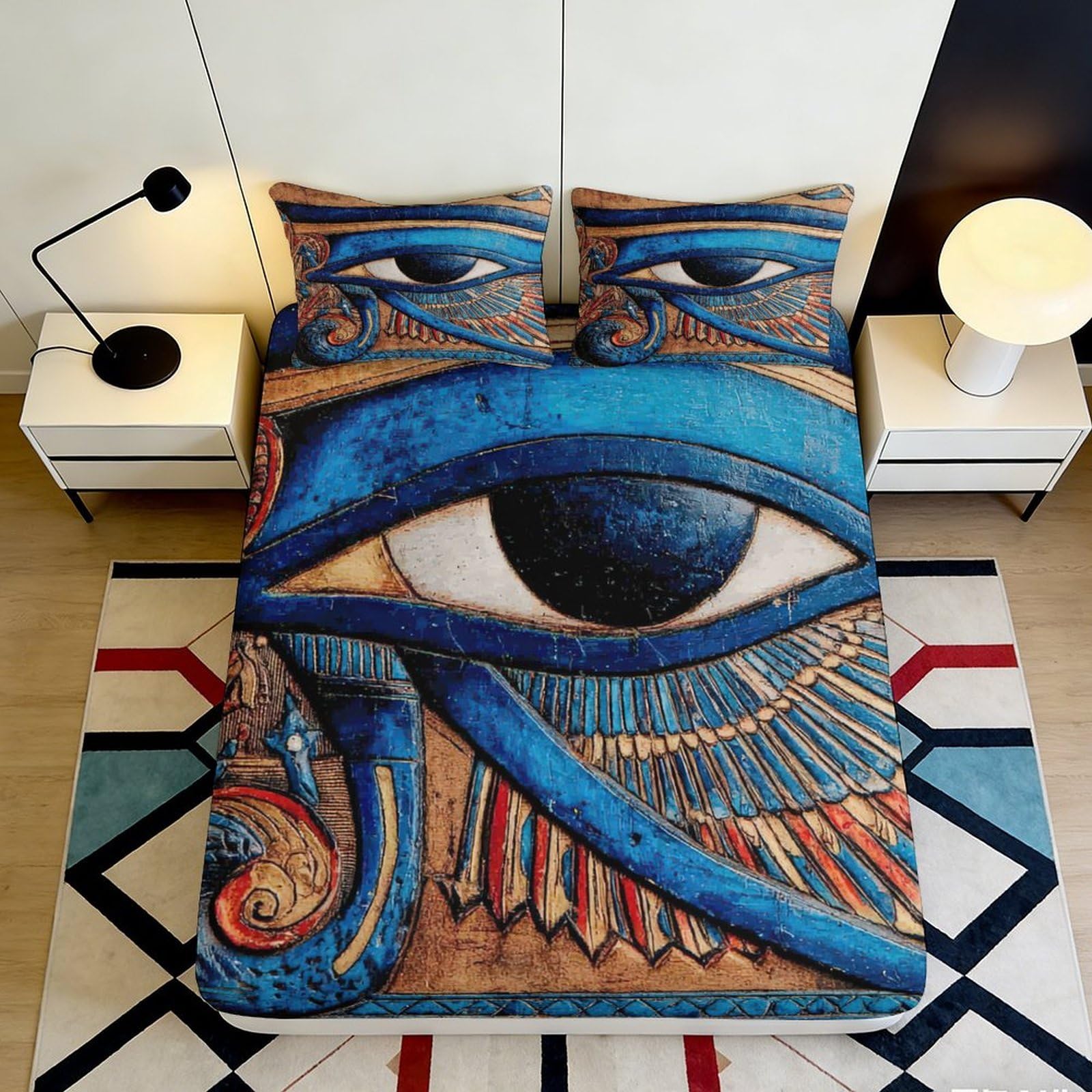 3D Printed Egyptian Eye of Horus Fitted Sheet Microfiber Soft Blue Ancient Symbol Mattress Cover Bedroom Decor 160x200x25cm