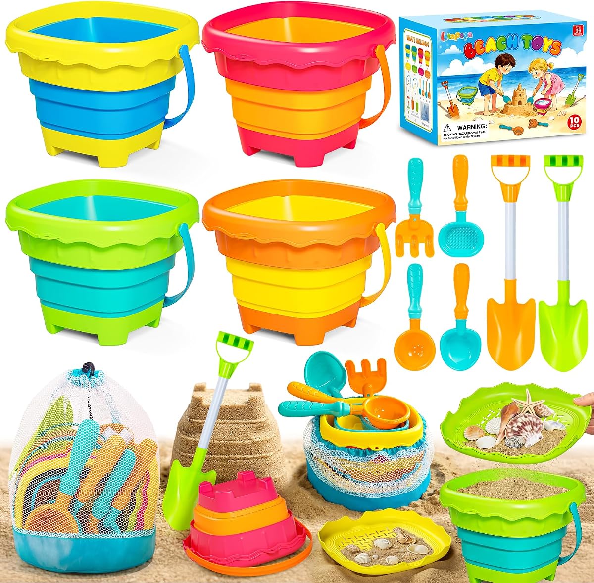 Beach Sand Toys for Kids, Travel Sand Toys with 4 Collapsible Beach Buckets | Included 4 Collapsible Beach Buckets, Sifter Shovels Set & Mesh Bag, Beach Outdoor Sandbox Toys for Boys Girls 3-8 Year Old