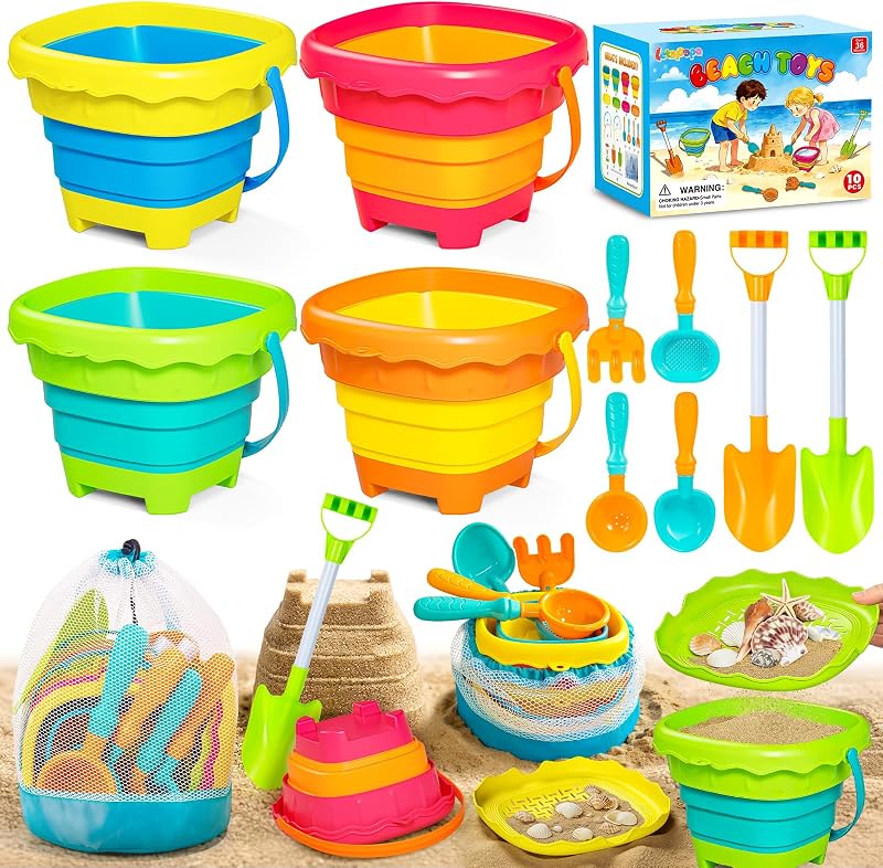 Beach Sand Toys for Kids, Travel Sand Toys with 4 Collapsible Beach Buckets | Included 4 Collapsible Beach Buckets, Sifter Shovels Set & Mesh Bag, Beach Outdoor Sandbox Toys for Boys Girls 3-8 Year Old