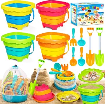 Beach Sand Toys for Kids, Travel Sand Toys with 4 Collapsible Beach Buckets | Included 4 Collapsible Beach Buckets, Sifter Shovels Set & Mesh Bag, Beach Outdoor Sandbox Toys for Boys Girls 3-8 Year Old