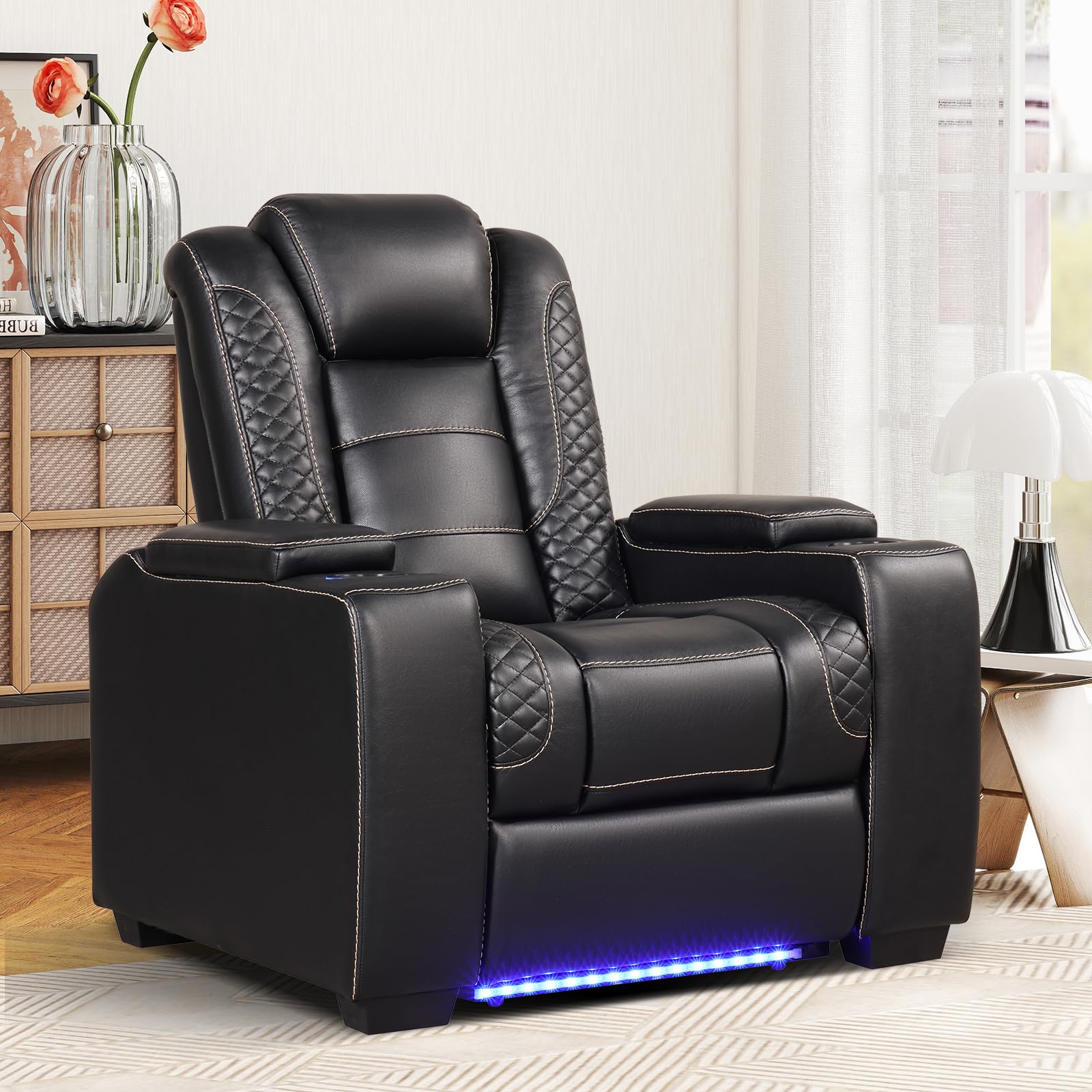 ANJ Power Recliner Home Theater Seating, Electric Recliner Chair with Adjustable Headrest,PU Leather Dual Motor Movie Reclining Chairs with Cup