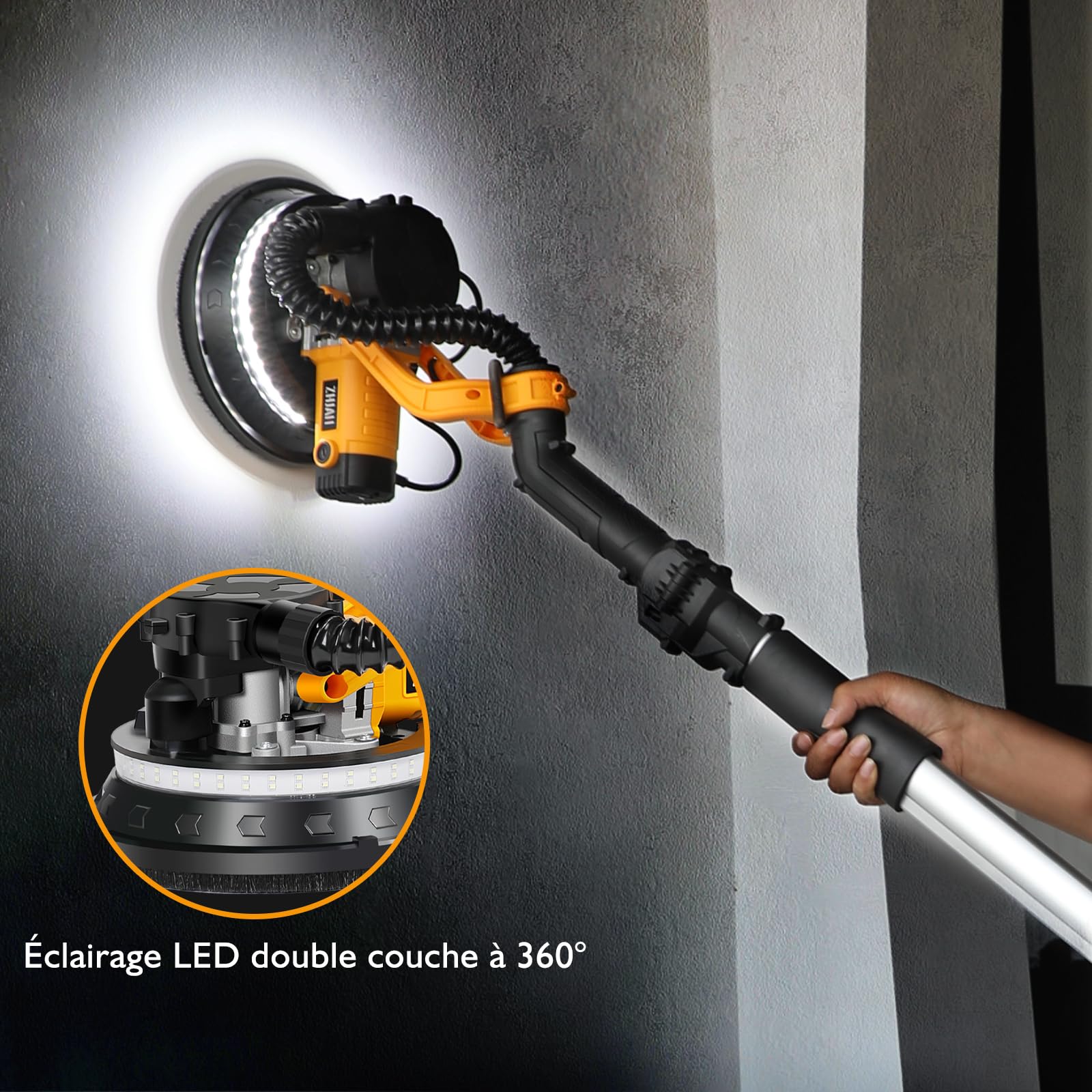 Ponceuse Girafe avec Système d'aspiration Automatique (880w), 5 vitesses,1000-2100rpm, Ponceuse Murale Électrique Pliable, avec lumière LED, Poignée Pliable et Sac d'aspiration