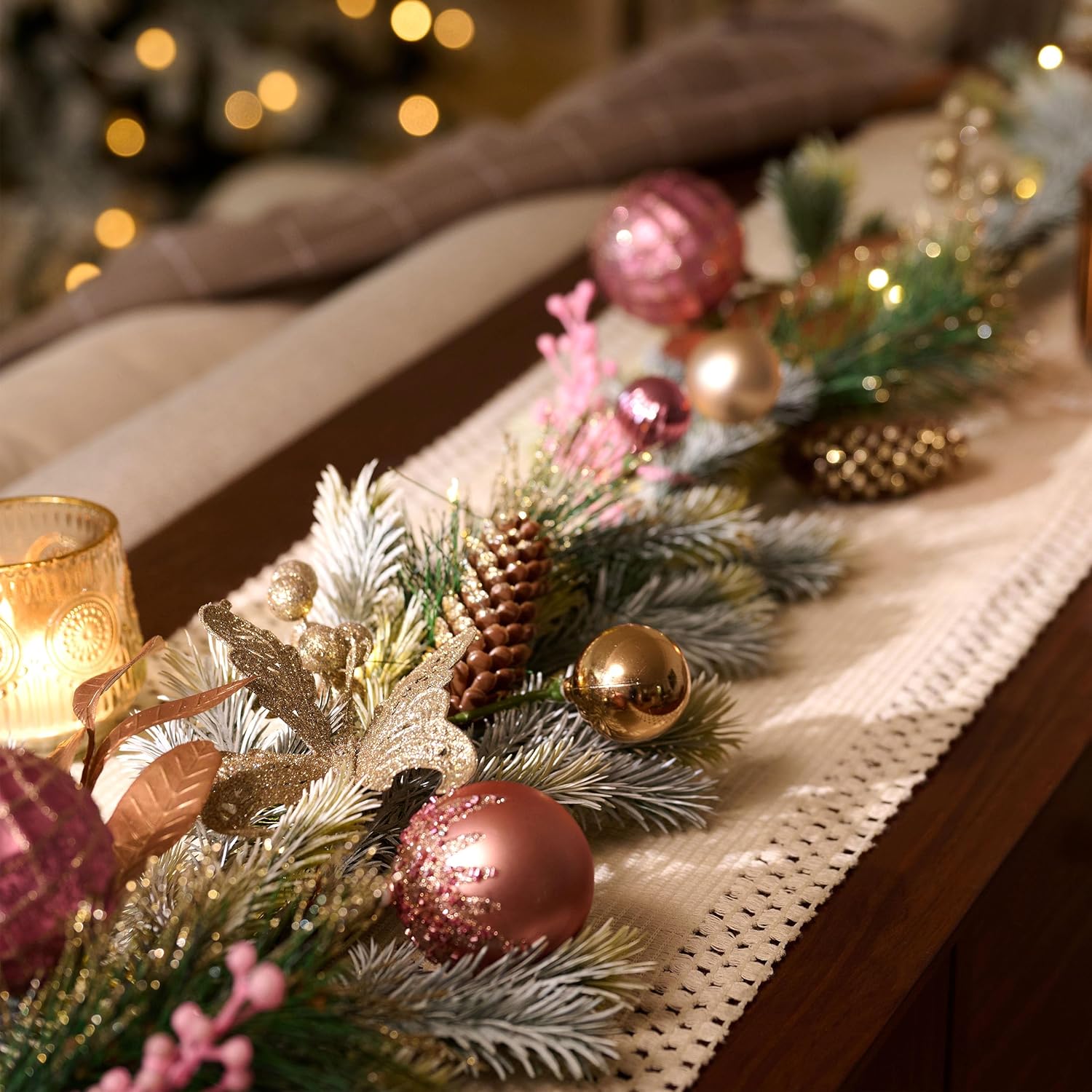 DecorbyHannah Christmas Garland with Lights, 9Ft Prelit Pink Christmas Garland for Mantle, Stairs Railing and Fireplace, Lighted Xmas Real Touch Norfolk Pine Garlands with Ornaments for Outdoor Decor