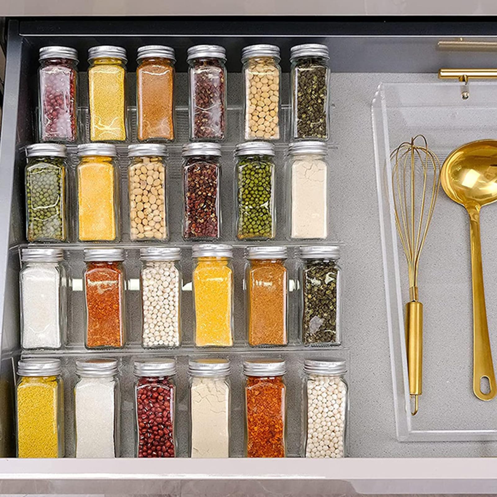 Lot de 4 organiseurs de tiroir à épices à 4 niveaux - Support d'assaisonnement extensible pour cuisine
