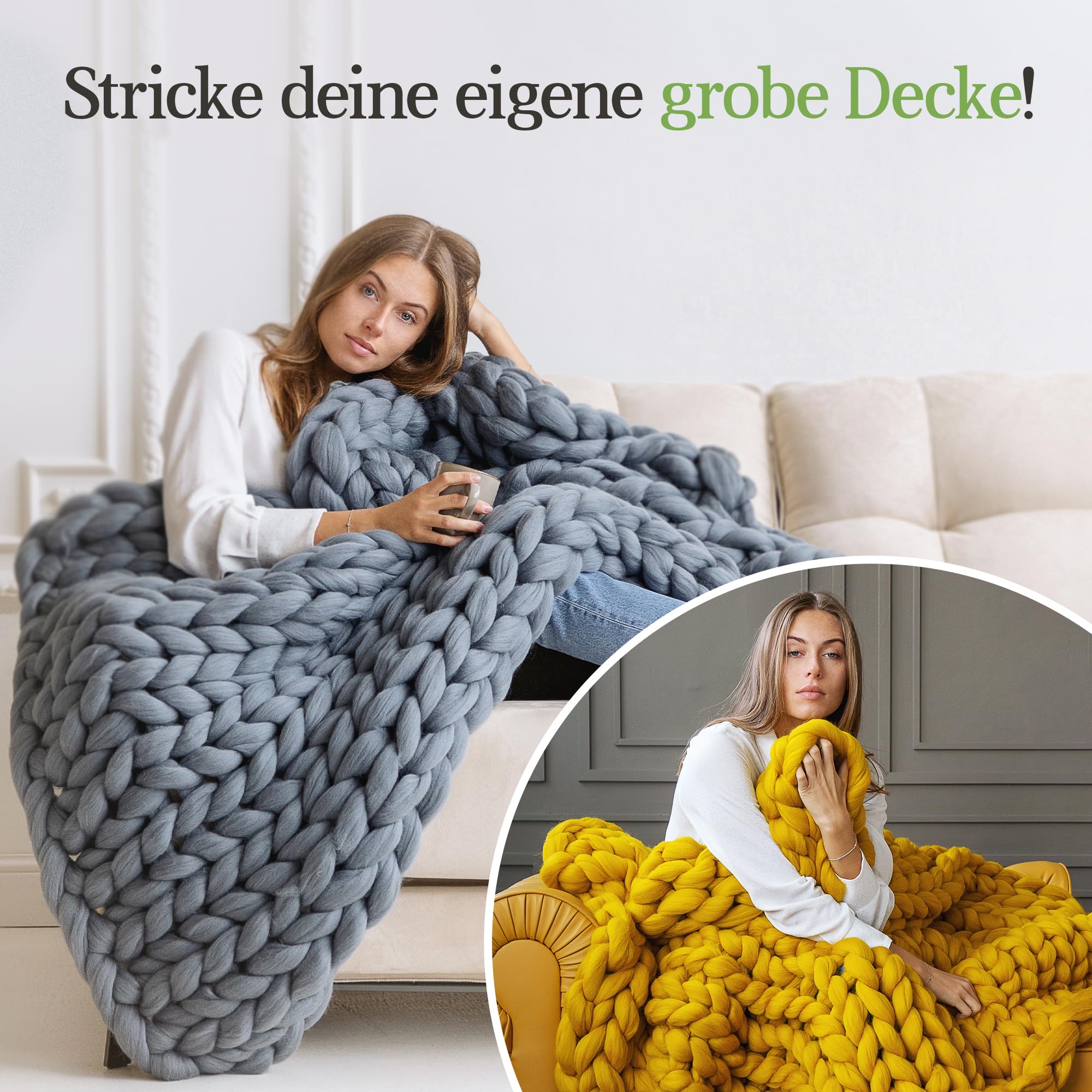 MeriWoolArt® XXL Merino Wolle Garn 100% Schurwolle (4-5cm Stärke), Extra Dicke Filzwolle für Trocken- & Nassfilzen, Armstricken, DIY Decke für Baby & Erwachsene – 1kg