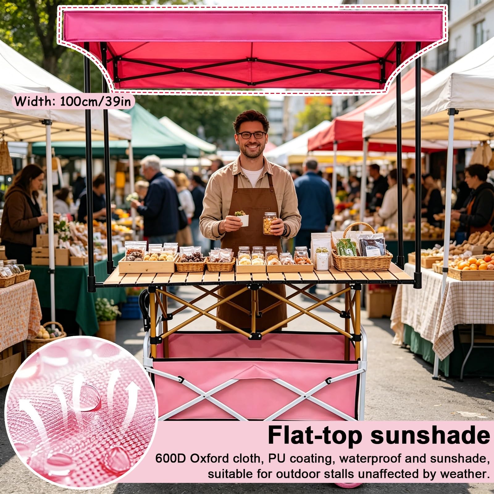 Marktstand Verkaufsstand, Faltbarer Imbisswagen mit Sonnendach, Griff und Rädern für Outdoor-Veranstaltungen, Streetfood und Märkte(Pink,94cm/37in)