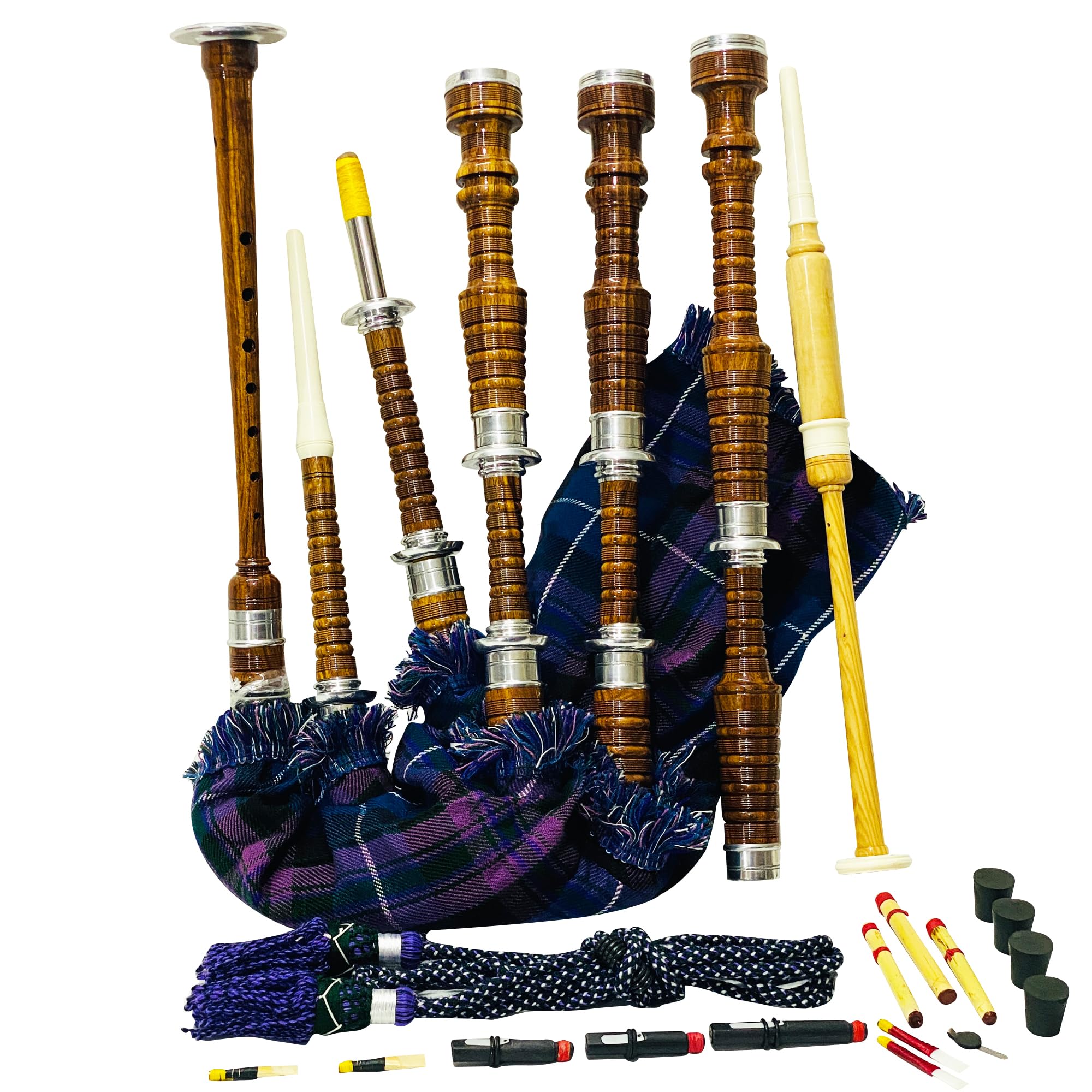 Great Scottish Highland Bagpipes Full Silver Mount Natural&Black Finish With Bag (Royal Stewart Natural Finish) (Natural Pride of Scotland)
