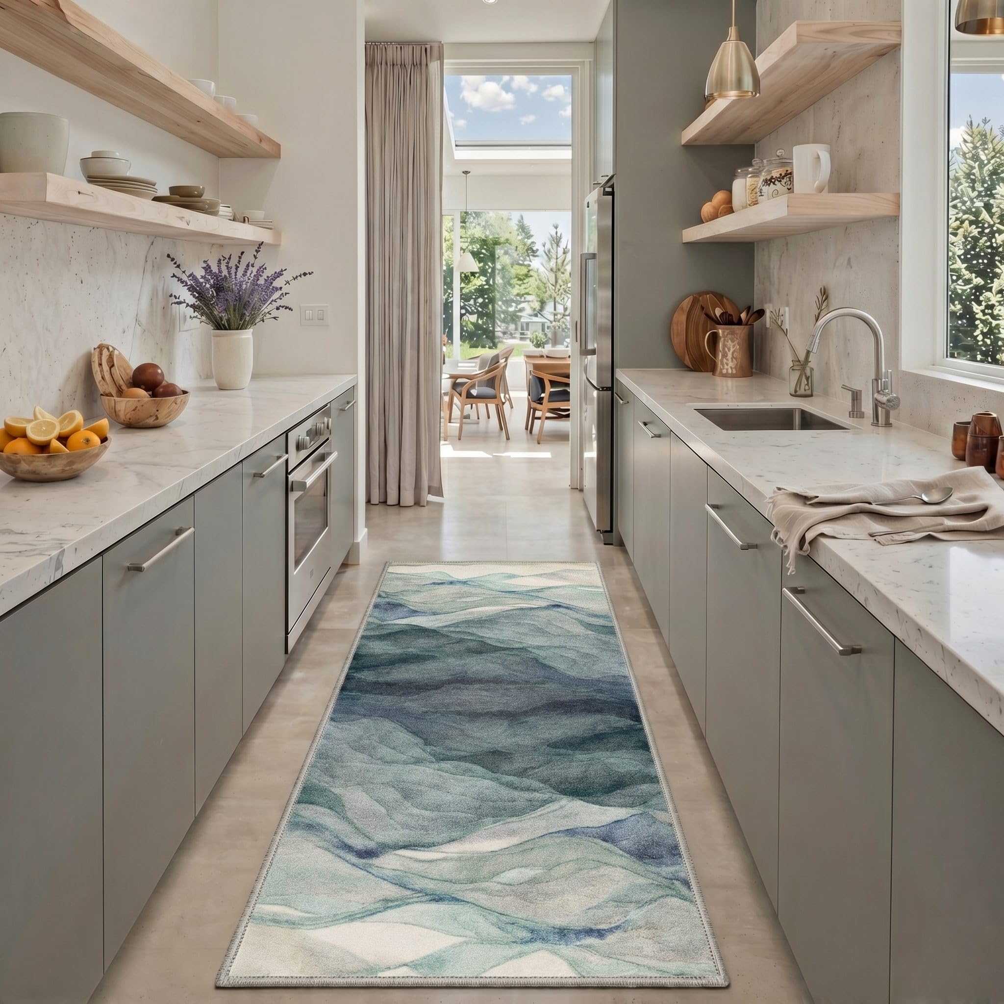 BEIMO Runner Rug for Hallway Kitchen, 2x5 Machine Washable Runners Rug for Entryway, Soft Modern Abstract Throw Rugs, Low Pile Floor Cover with Non Slip Backing, Light Teal
