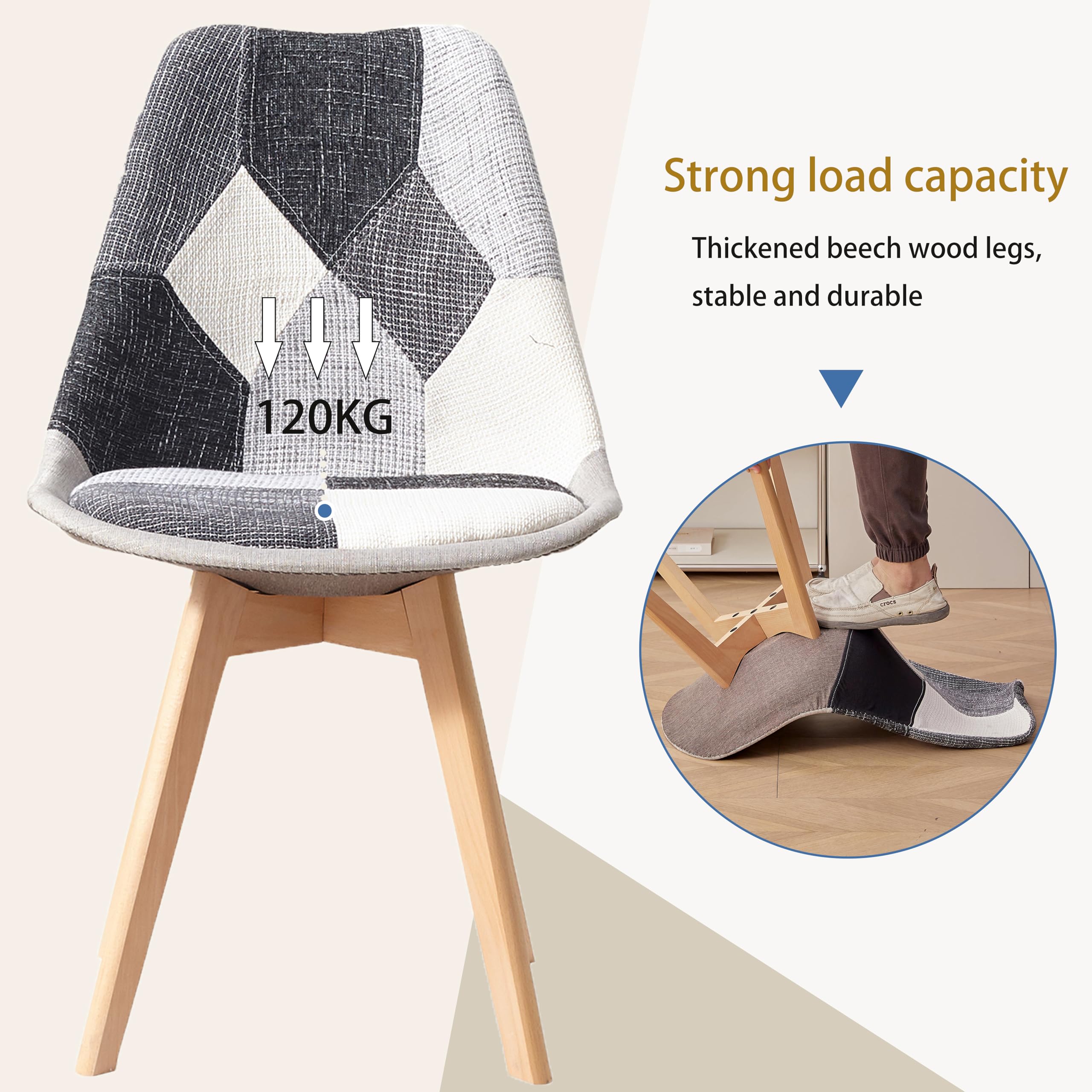 HJhomeheart Set di 6 Sedie da Pranzo in Tessuto Patchwork con Cuscino del Sedile e Gambe in Legno Massello per Sala da Pranzo, Soggiorno, Cucina, ecc. (Grigio Patchwork)