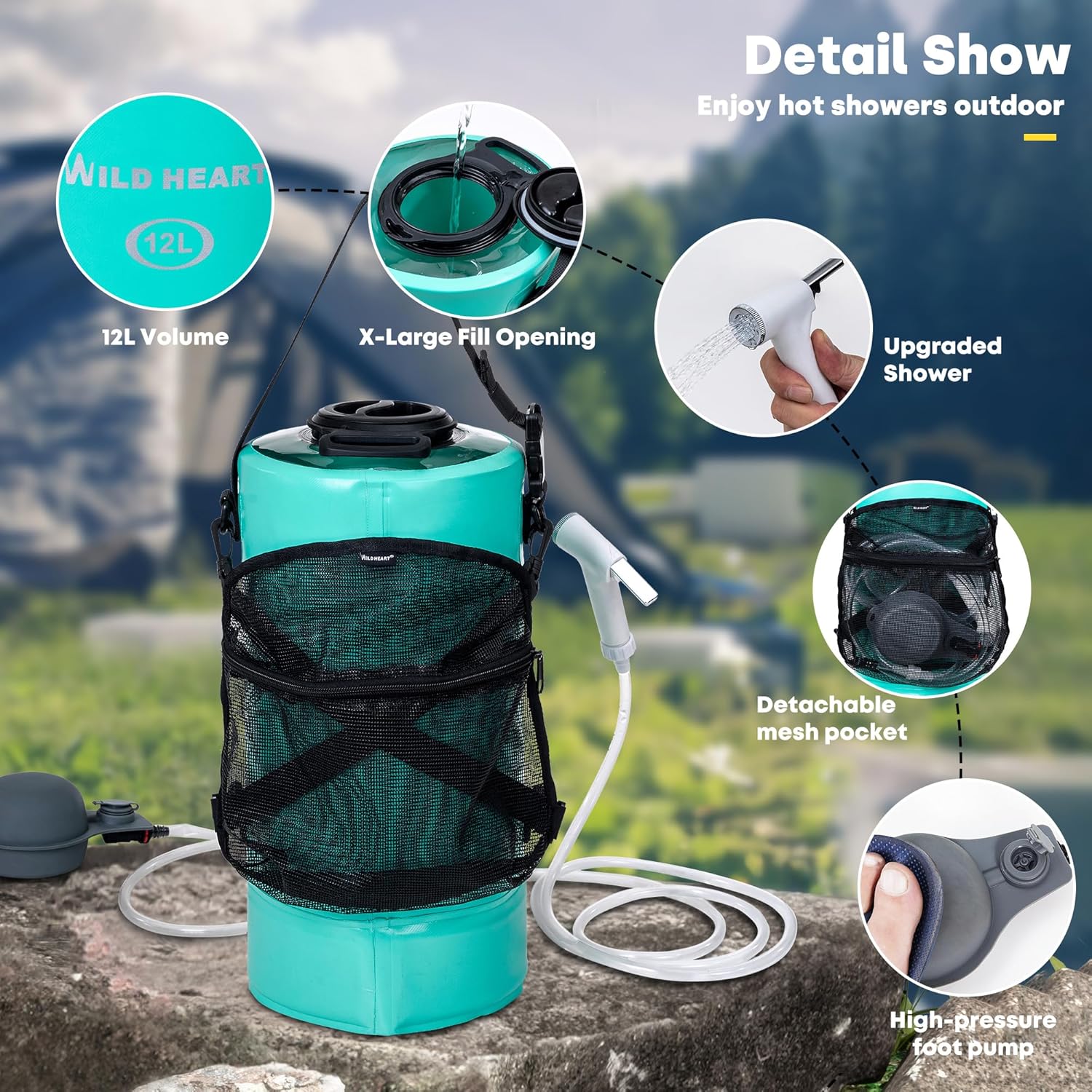 WILD HEART Upgraded Camping Shower 12L/3 Gallons Portable Pressure Bag With Screw Lid, Foot Pump and Nozzle for Beach, Swim, Travel, Hiking Trip (Turquoise)