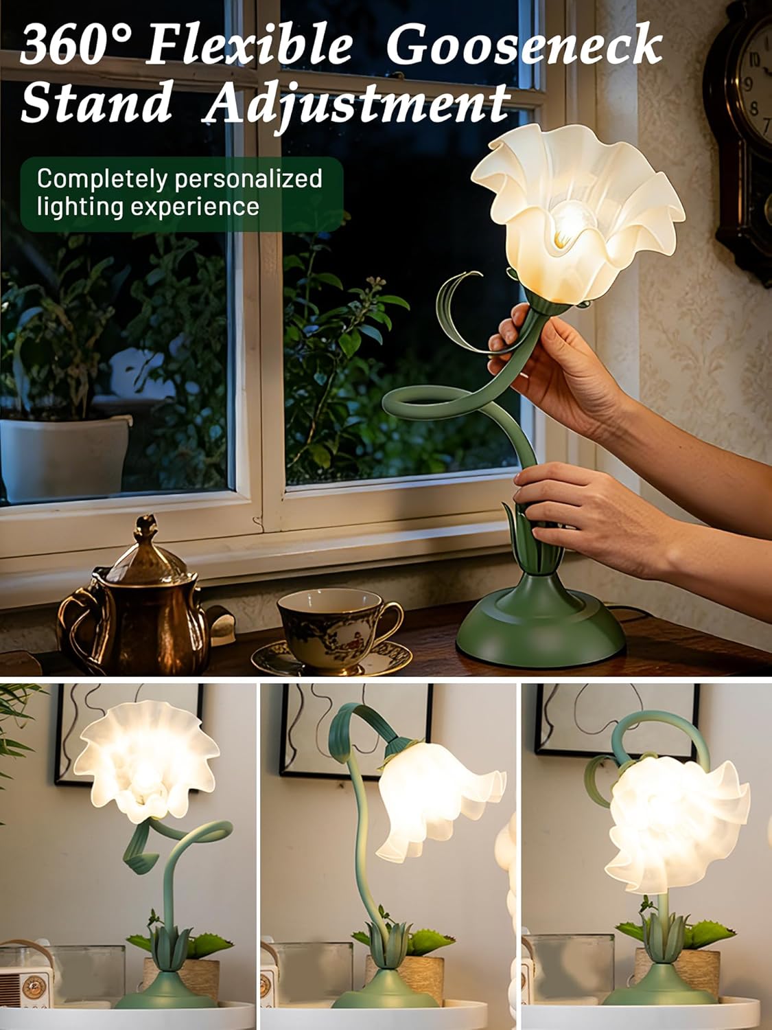 Flower Table Lamp Bedside Lamps LED Reading Light,3 Color Modes Cute Small Lamp,Vintage Flower Lamp Nightstand Lamp Kawaii Table Lamp for Bedroom Living Room Office Dorm Desk Home Decor(Green lamp)