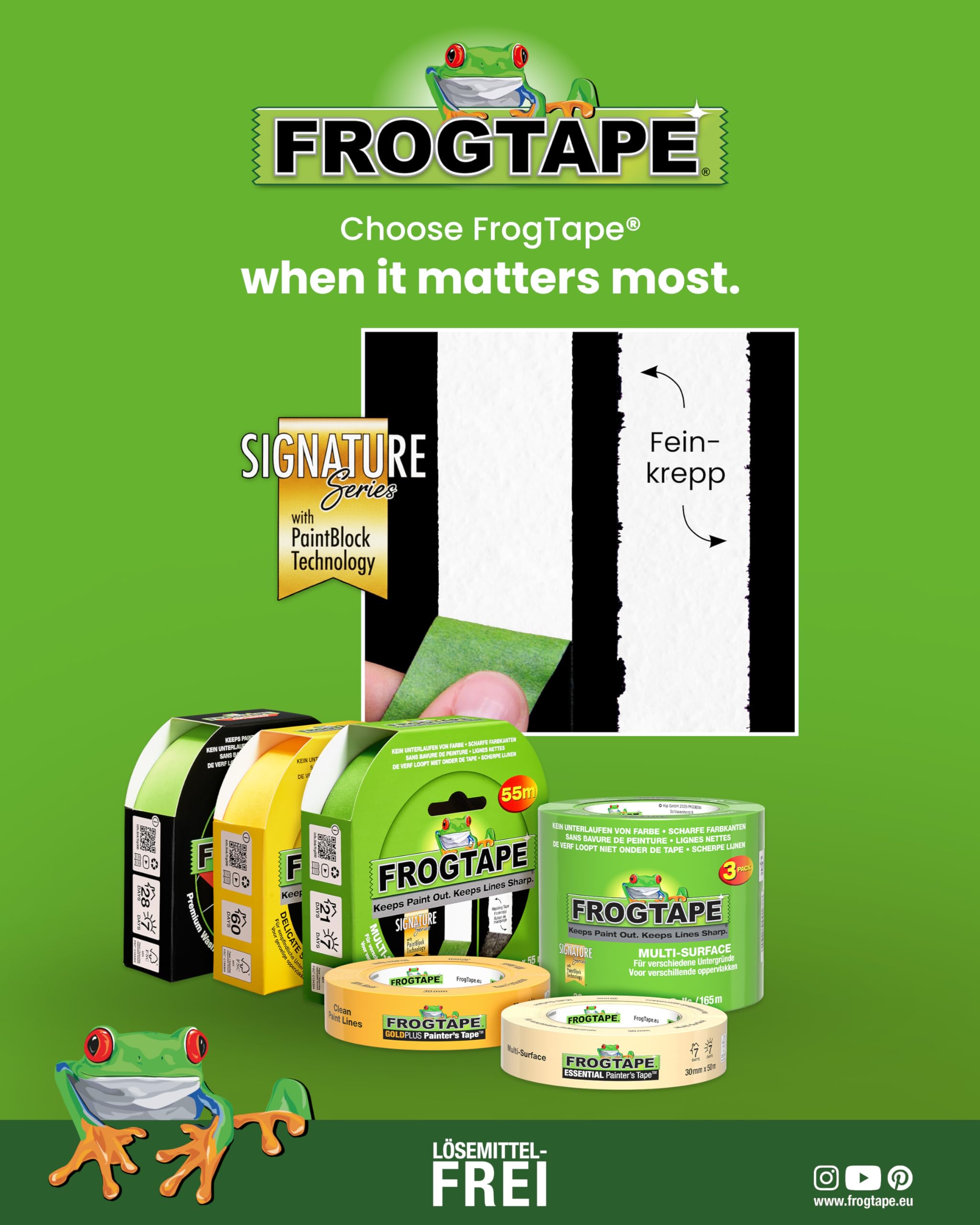 FrogTape Multi Surface Malerband Grün, 36mm x 55m, 3er Set | PaintBlock, viele Untergründe, Holz Glas Metall, Malerkrepp, scharfe Kanten