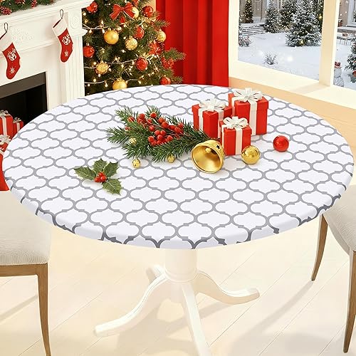 Miniatura 62 de Smiry - Mantel redondo de vinilo ajustable con bordes elásticos y parte trasera de franela, mantel de vinilo impermeable, lavable, diseño enrejado