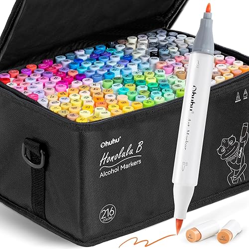 Ohuhu Alcohol Based Brush Markers -Double Tipped Art Marker Set for Artists Adults Coloring Sketch Illustration - Brush & Fine Dual Tips - 216 Colors - Honolulu B of Ohuhu Markers - Refillable Ink