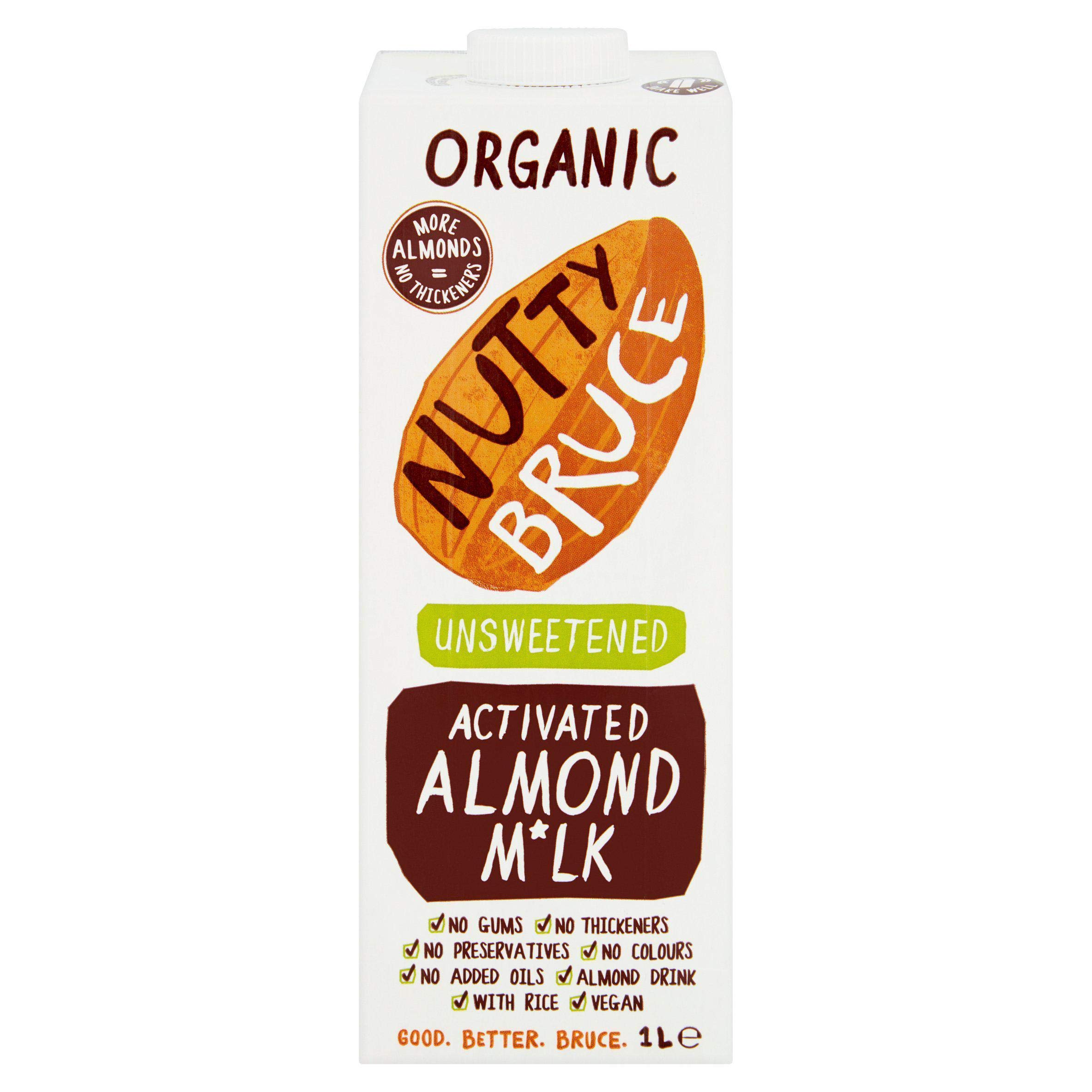 Nutty Bruce - Unsweetened Activated Almond Milk - Certified Organic & Vegan Alternative Milk, No Preservatives, Colours or Added Oils, Lactose Free, Dairy Free, Soy Free - 6 pack x 1L