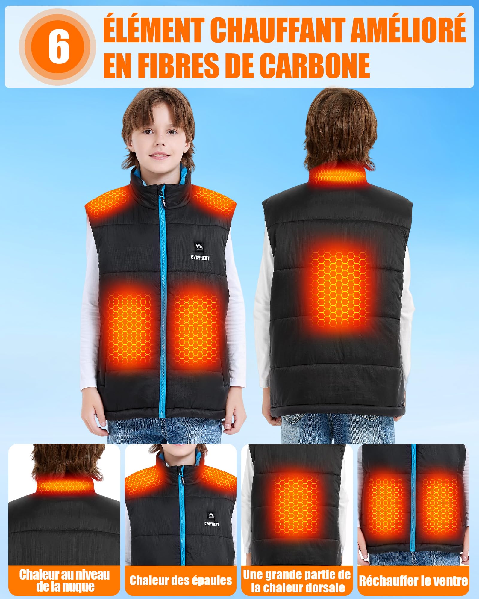CYCYHEAT Gilet Chauffant Enfant avec Batterie 7,4V 10000mAh – Veste Chauffante Légère Matelassée pour Filles et Garçons avec Technologie de Chauffage Améliorée