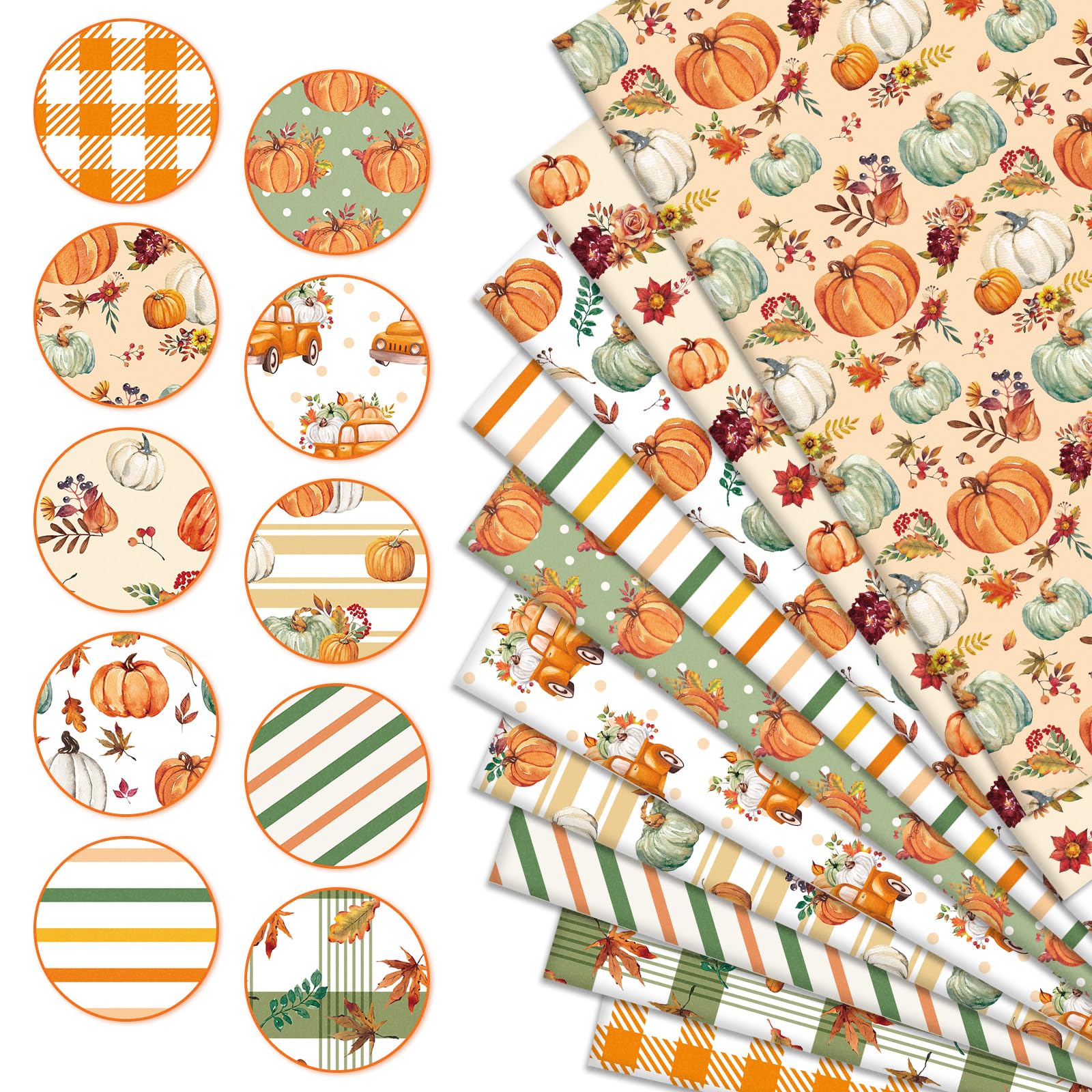 Whaline 10 fasci di tessuto di cotone autunnale con foglie di camion di zucca, foglie verdi arancioni autunnali per il Ringraziamento, trapuntatura, patchwork, per fai da te, cucito, artigianato