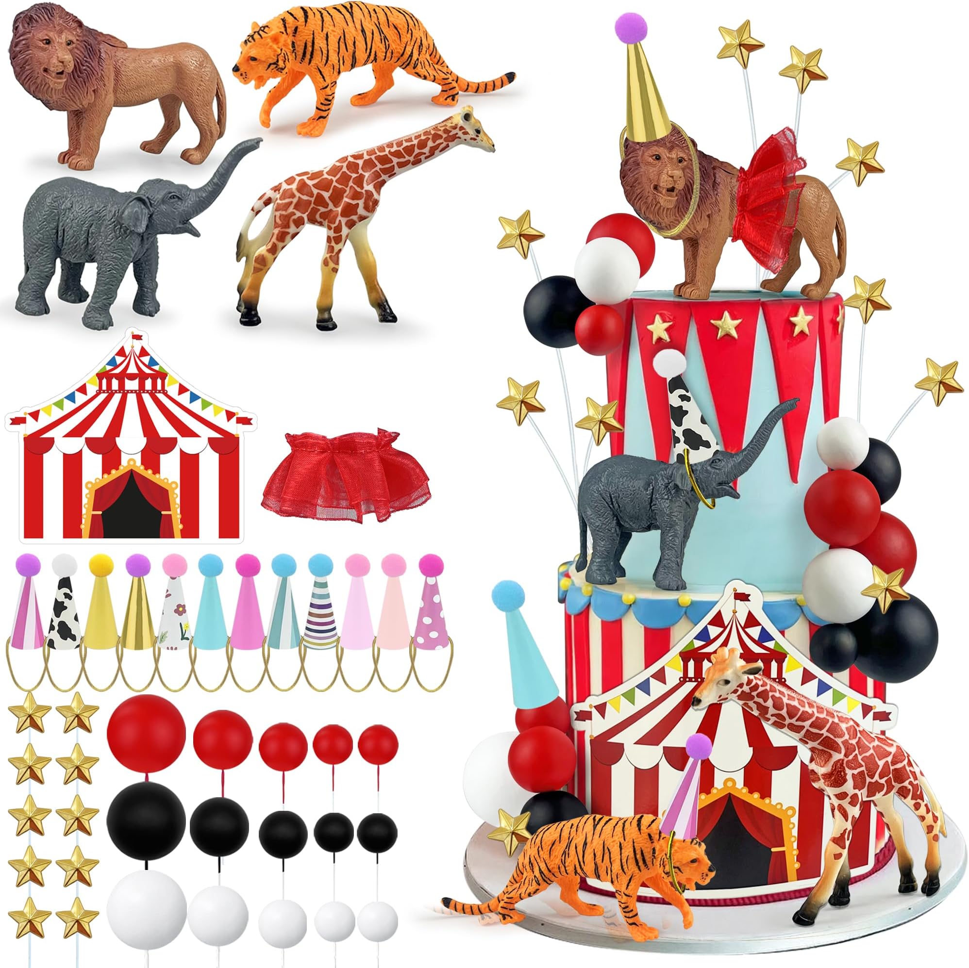 43 PCS Circus Cake Decorations Set with Ball Star Hat Cake Topper and Giraffe Elephant Tiger Lion Figures for Carnival Party Supplies