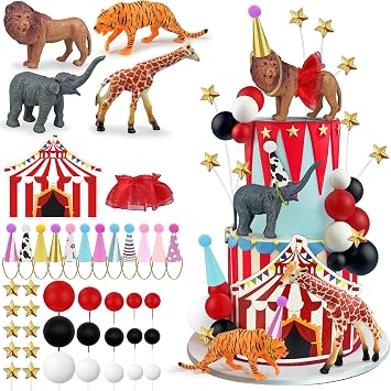43 PCS Circus Cake Decorations Set with Ball Star Hat Cake Topper and Giraffe Elephant Tiger Lion Figures for Carnival Party Supplies