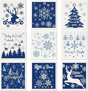 Cunhill 9 Pcs Christmas Swedish Dish Towels Xmas Cleaning Cloth Absorbent Reusable Soft Christmas Kitchen Towels Washable Swedish Cloth Decorative Kitchen Dishcloths for Winter Holiday (Blue,Vintage)