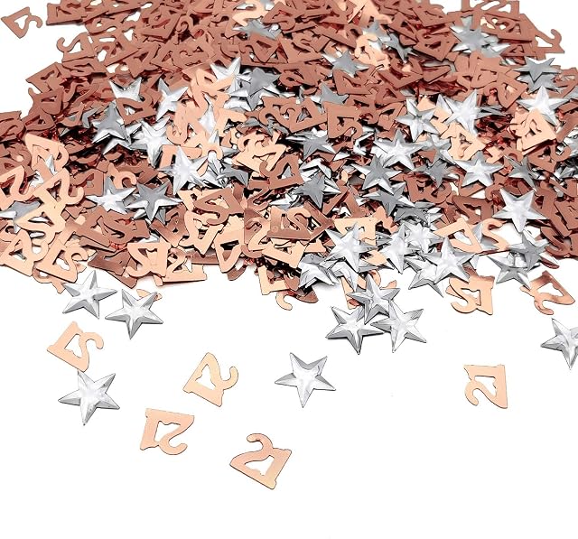 iZoeL 21 Rose Gold Table Confetti Bag 30g incl. 21st Birthday Confetti (1000pcs) Silver Star Confetti Sequin(200pcs) for Party Wedding Anniversary Table Decoration