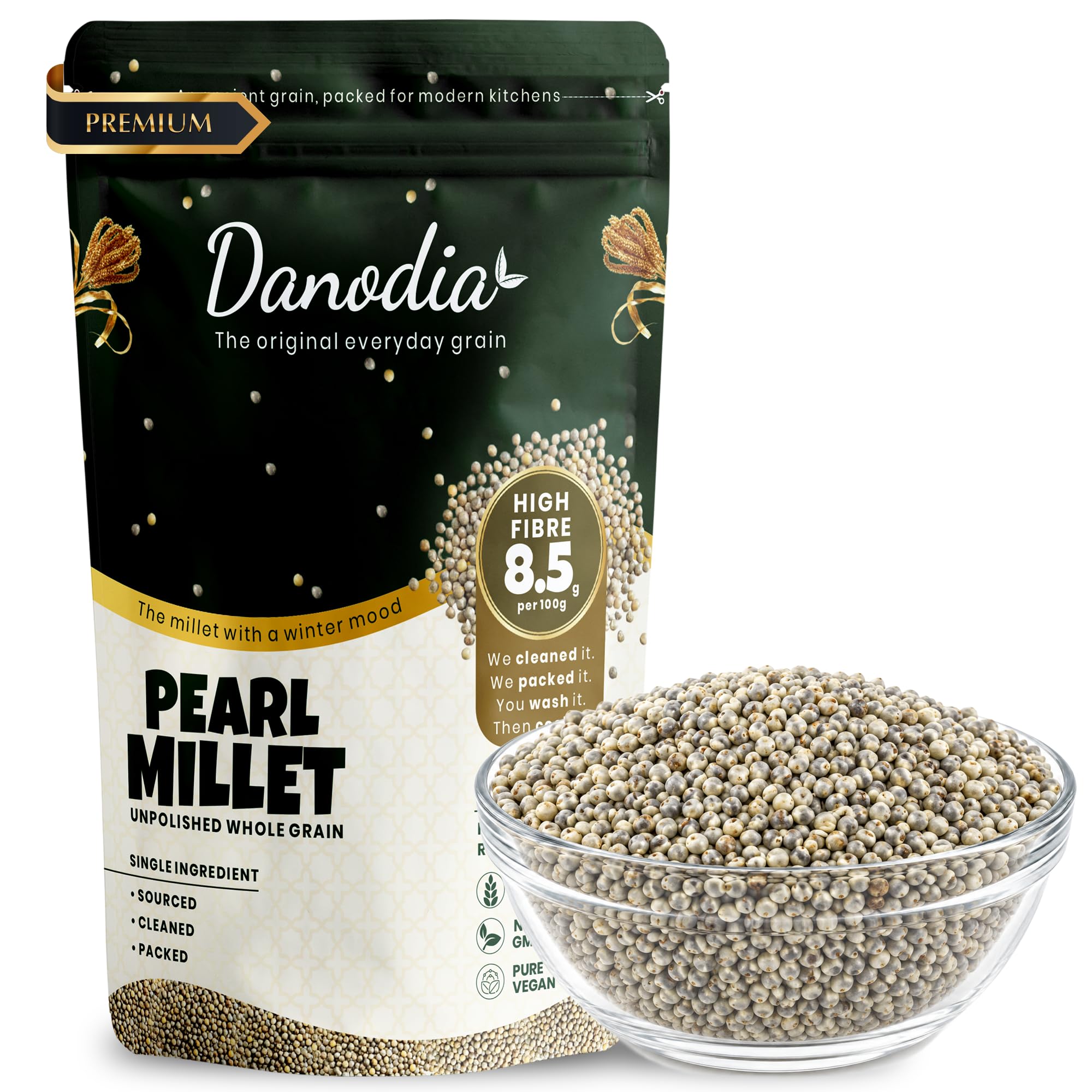 Danodia Foods Mijo Perla Pearl Millet Integral No Pulido 950 g / 2 lb, Cereal de Grano Entero Sin Gluten, Alto en Fibra 8,5 g por 100 g, No OGM, Vegano
