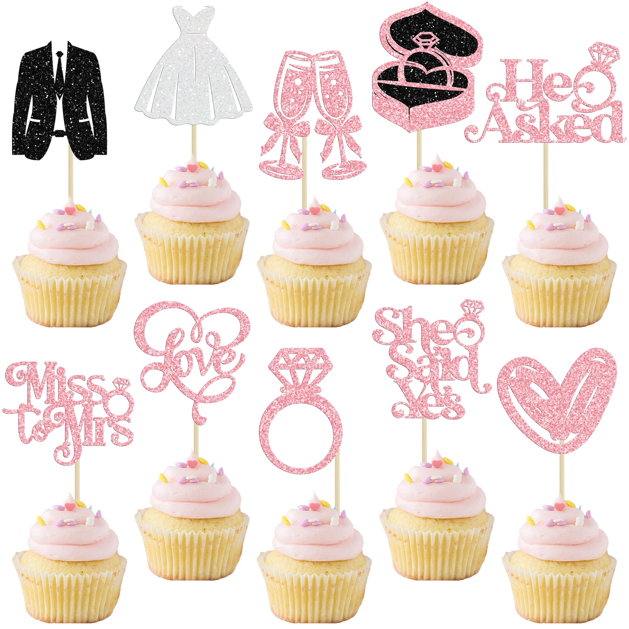 Gyufise 30Pcs She Said Yes Cupcake Toppers Glitter Diamond Ring I Do Love Cupcake Picks Miss to Mrs He Asked Bridal Shower Wedding Engagement Bachelorette Cake Decoration Pink