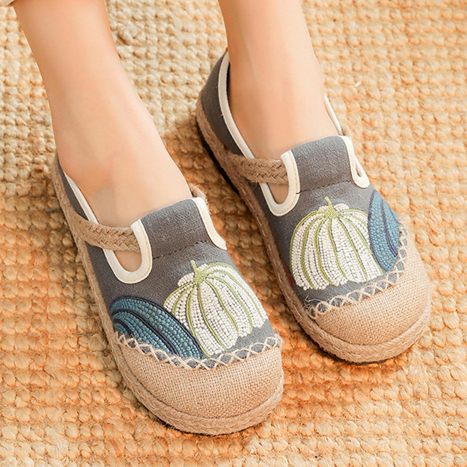 Zoccoli Sanitari Donna Donne Ricamato Fiore Piatto Scarpe da Sposa Casual Driving Walking Loafers Scarpe Traspiranti di Tela di Lino-Grigio-Trentasette
