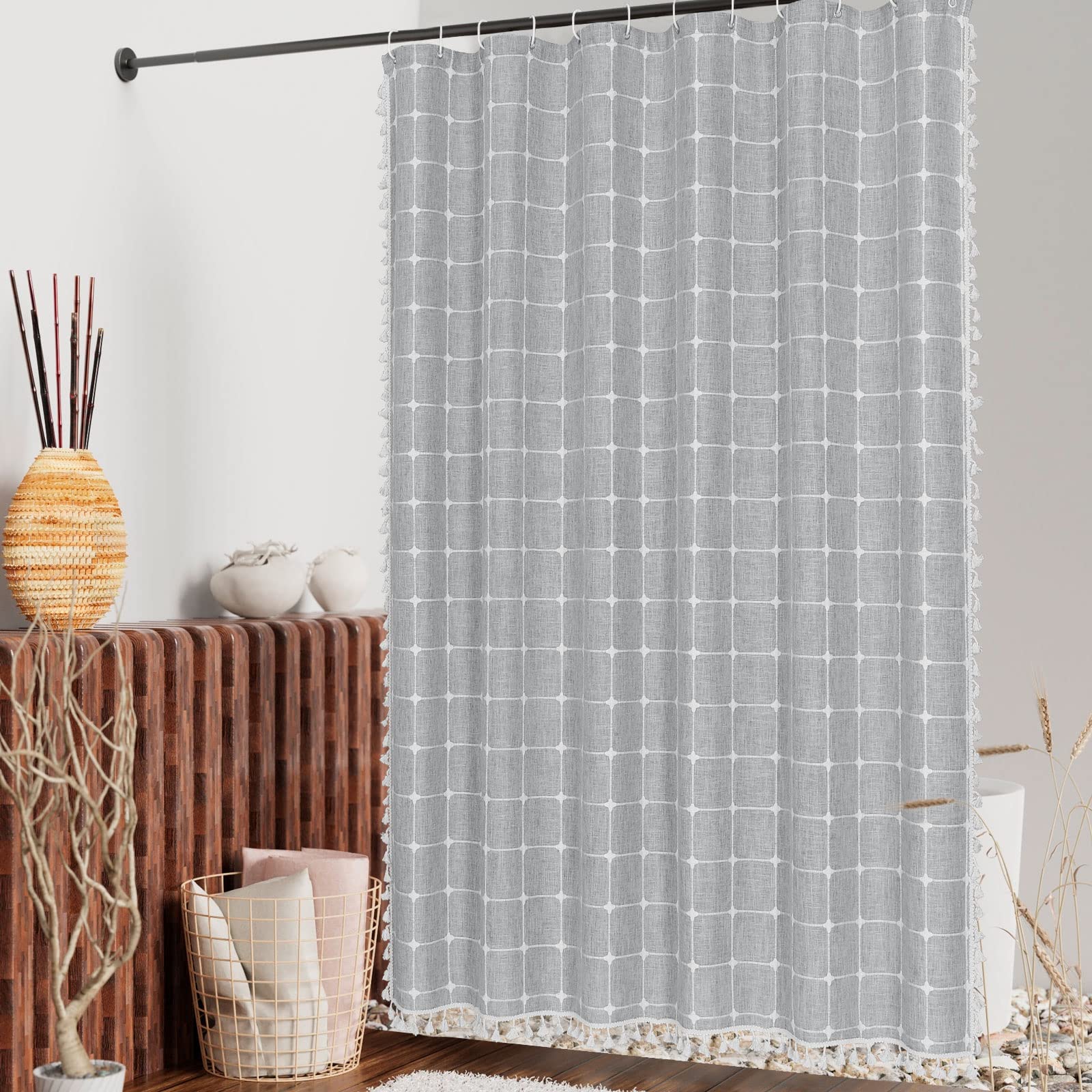 MitoVilla Cortina de ducha estilo boho gris pequeña 91 x 183 cm, cortina estrecha de media altura en algodón y lino para decoración de baño estilo rústico moderno, set de cortina de tela con ganchos