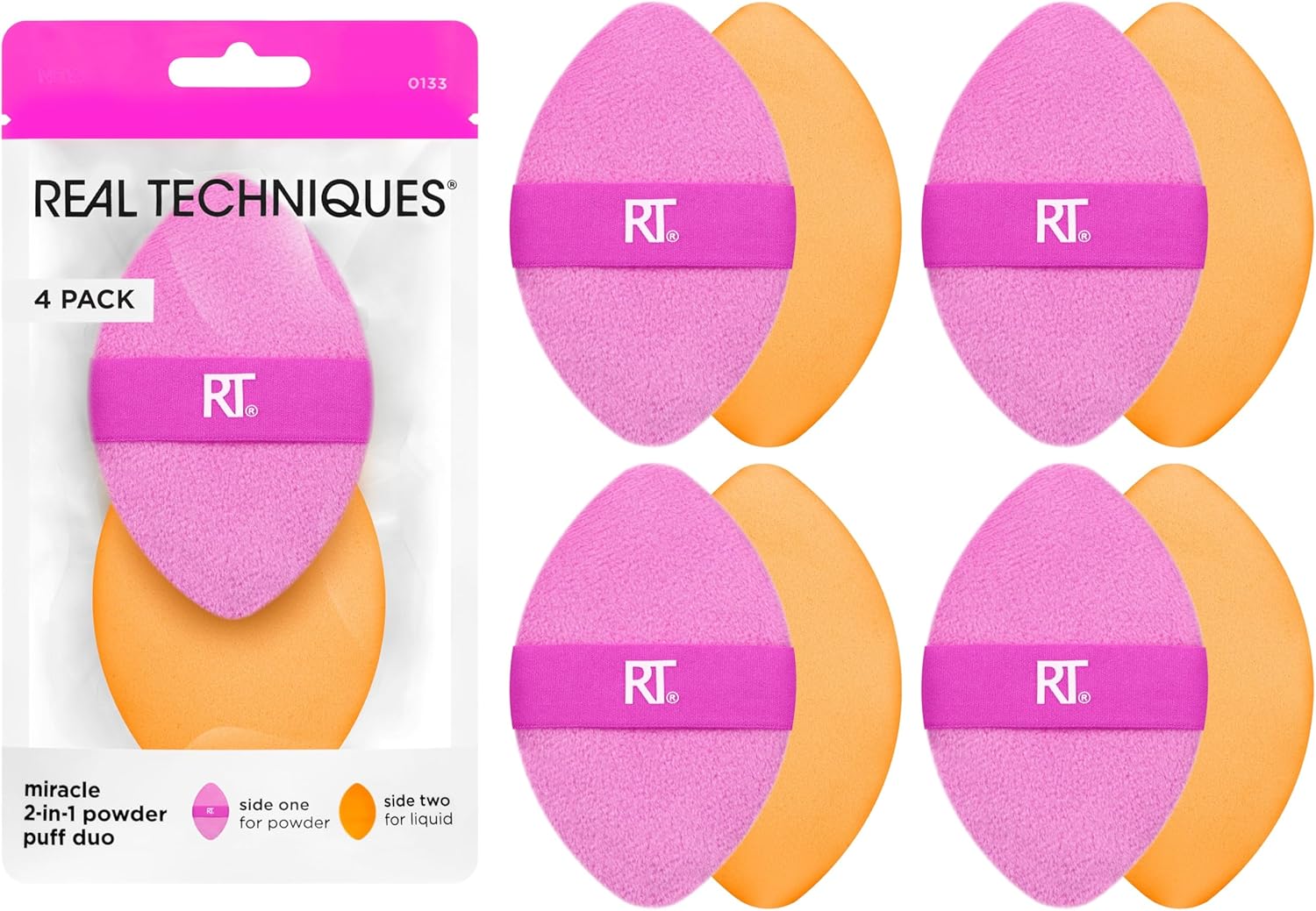 Real Techniques Miracle – Confezione da 4 spugnette per cipria 2 in 1, double-face, fascia elastica reversibile, spugna di precisione per trucco e cipria, per prodotti liquidi, in crema e in polvere