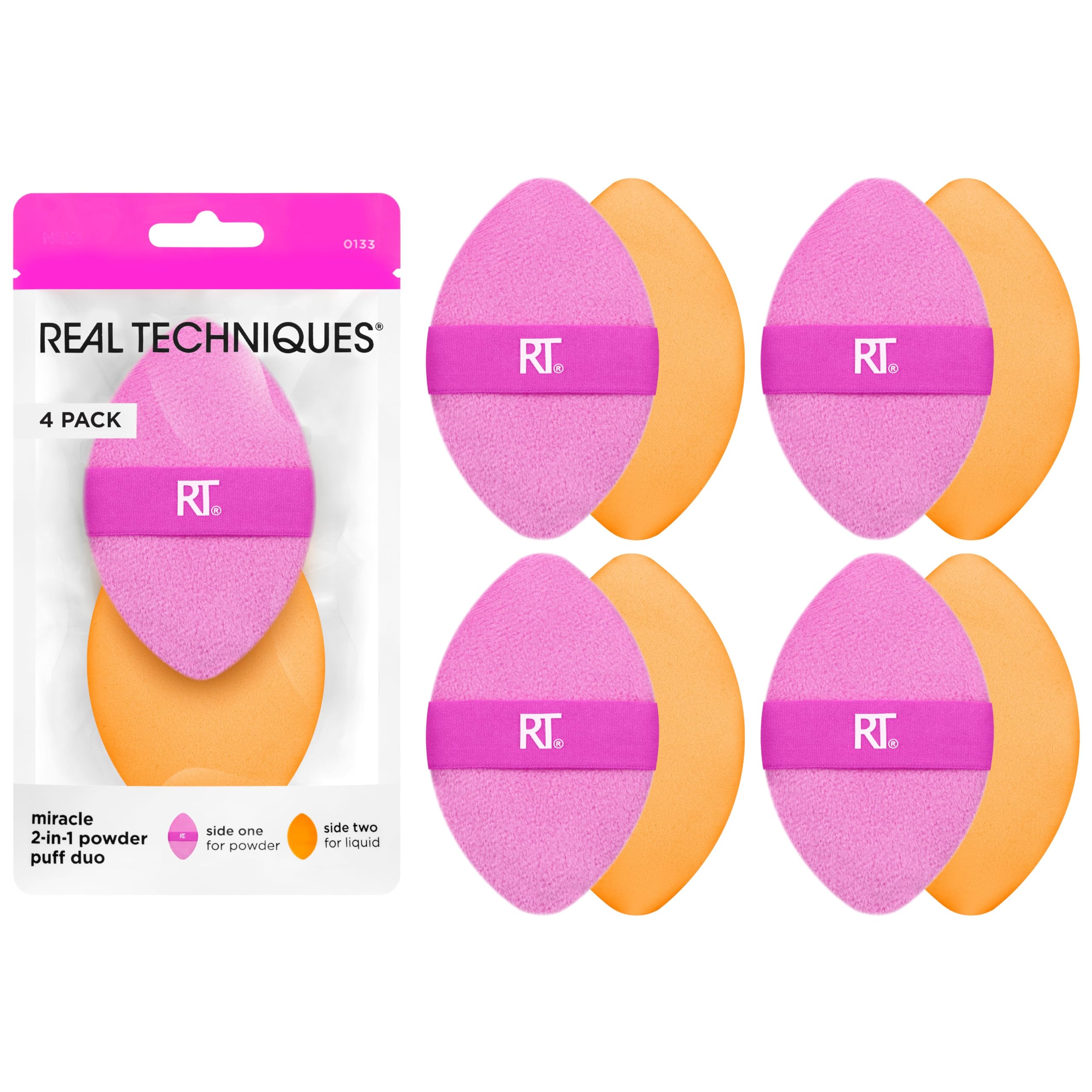 Real Techniques Miracle 2-in-1-Puderquasten, doppelseitiger Puderquast, wendbares Gummiband, Präzisions-Make-up-Schwamm und Puderquaste, für Flüssig-, Creme- und Puderprodukte, 4er-Pack