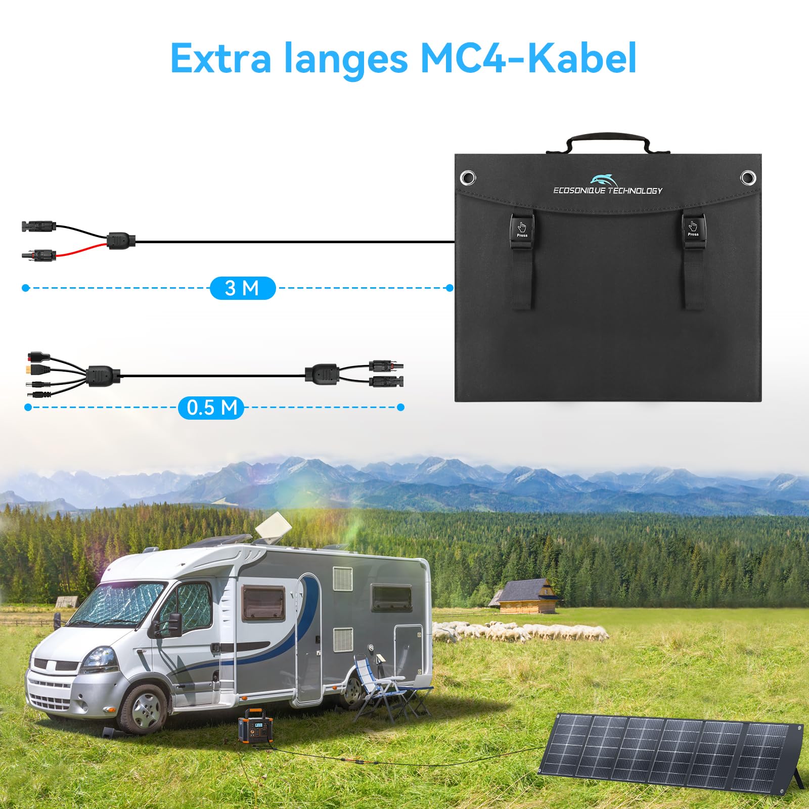 Solarpanel Faltbar 200w Tragbares Solarmodul USB-C PD3.0 & USB-A QC3.0 | Solartasche 200 Watt PD3.0 QC3.0 & Multi-Output für Stromstationen, Generatoren, Power Station, Wohnmobile, Wandern, Camping