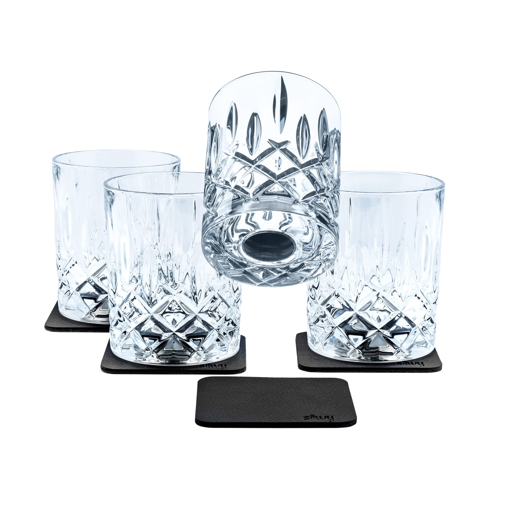 silwy® Magnetic Crystal Glasses Whisky Set of 4 Including Four Reusable Metal Nano Gel Pads - Non-Slip Magnetic Glasses for Camping, Caravanning and Boating