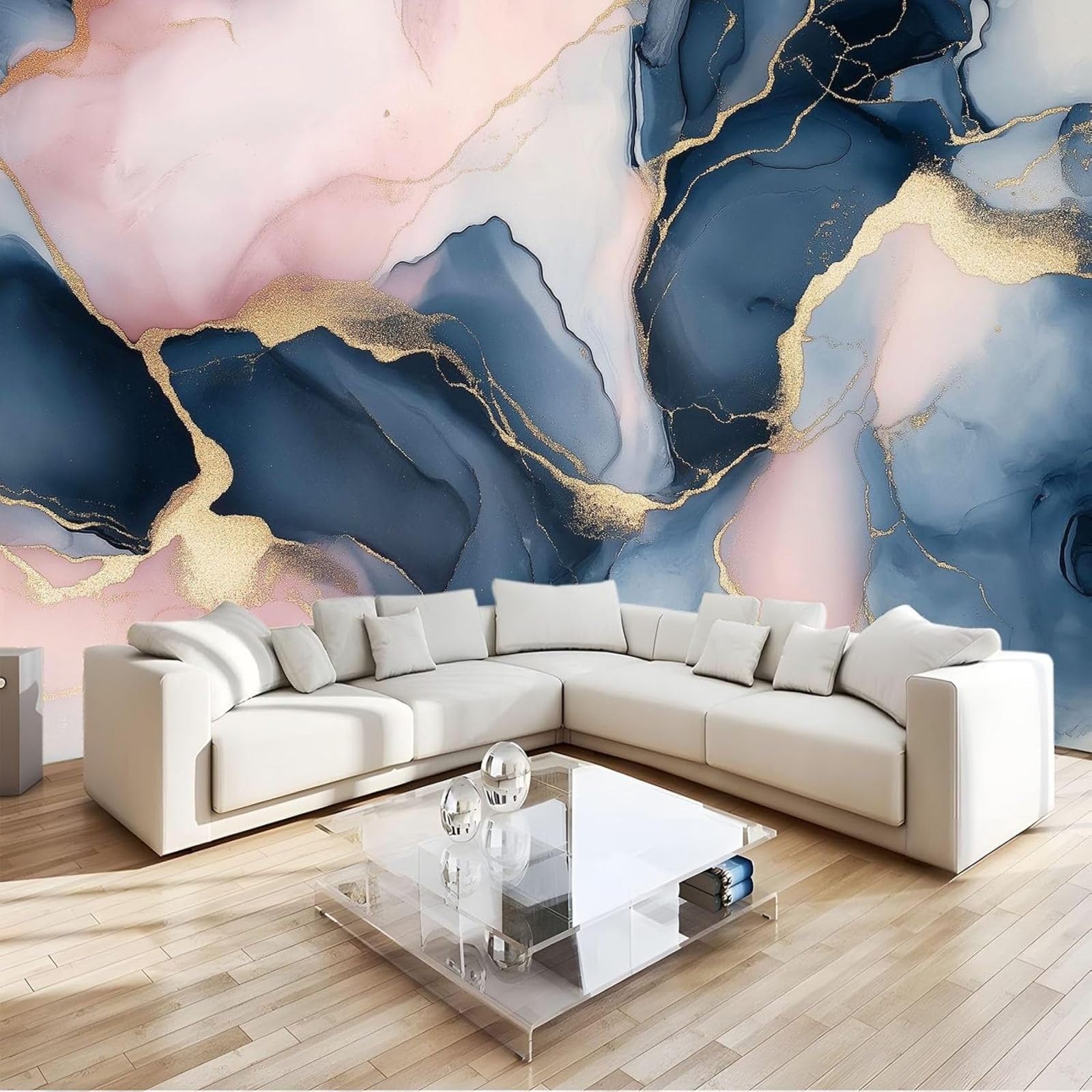 hgjdjhnf Abstract Pink Marble Wallpaper, Photo Wallpaper, Wall Decor, Wall Mural, Decoration for Study, Living Room, Restaurant, Cafe, Blue, 430cm x 300cm