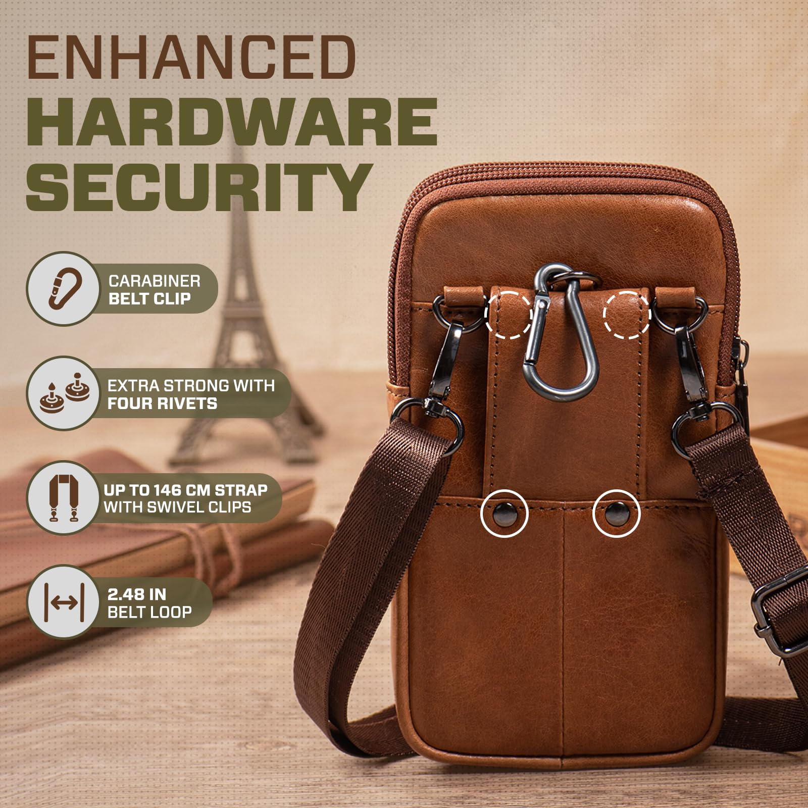 Multifunktionale Echtleder Doppel Reißverschluss Taschen Männer Vintage Look Umhängetasche Handy Gürtel Tasche Telefon Holster für Reisen, Outdoor Aktivitäten